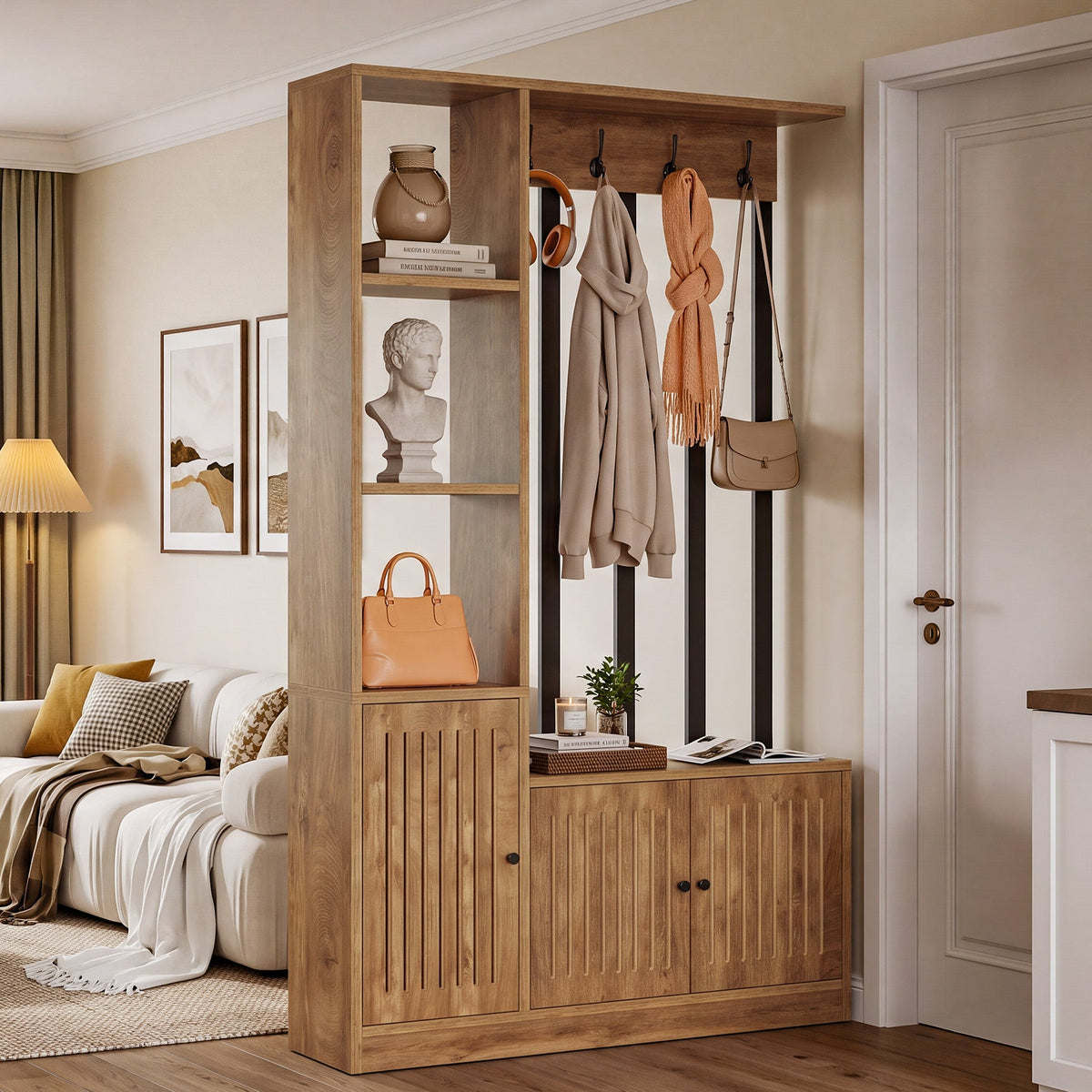 71" Room Divider, Freestanding Wall Partition with Cabinets, Shelves & Bench