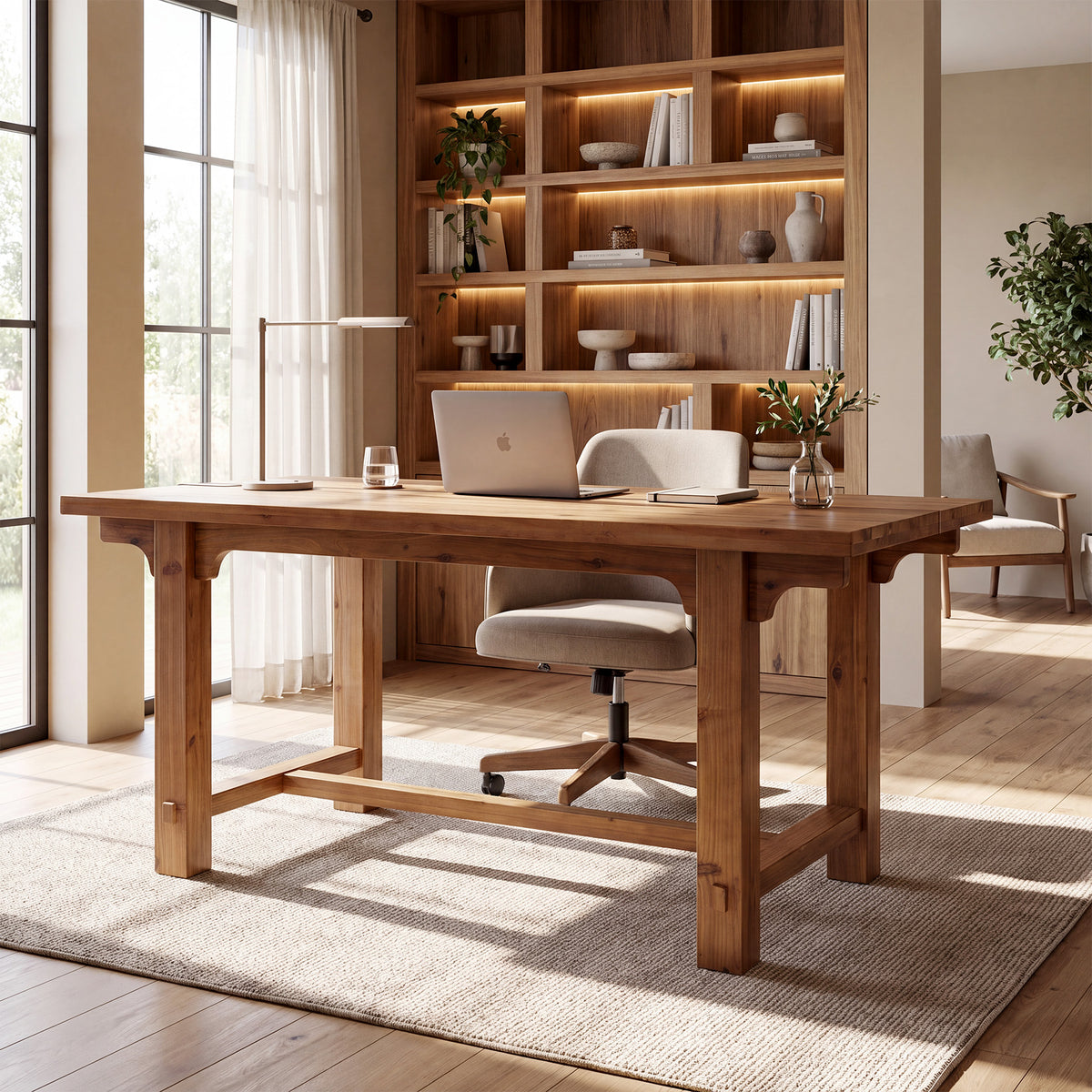63" Solid Wood Executive Desk, Farmhouse Computer Desk with Thick Trestle Legs for Home Office