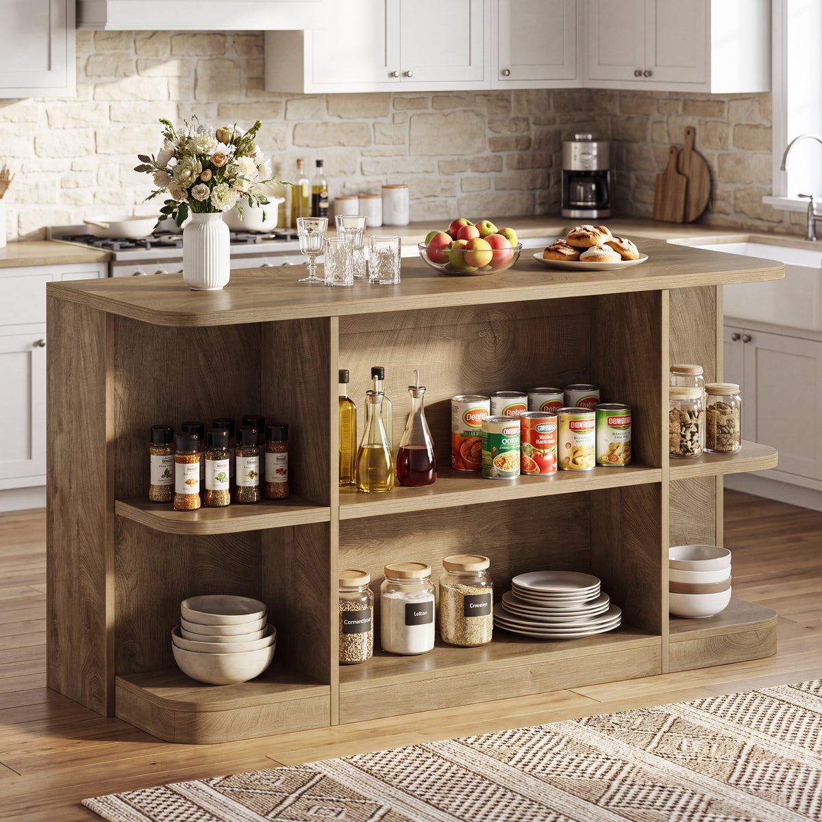 63" Kitchen Island with Storage Shelves & Seating Space, Stationary Island Table