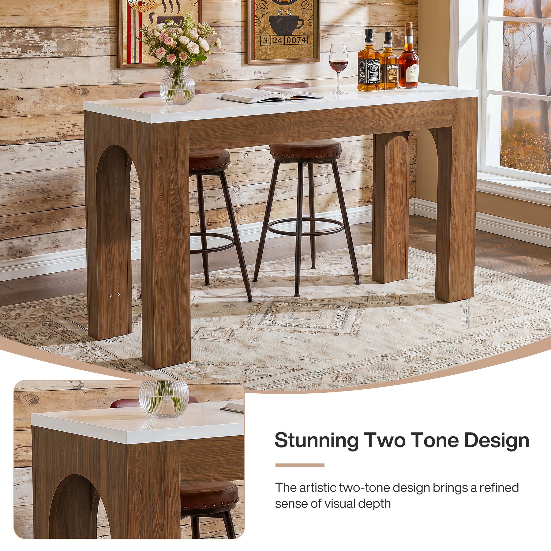 63" Modern Bar Table, Rectangular Counter Height Pub Table with Arched Leg
