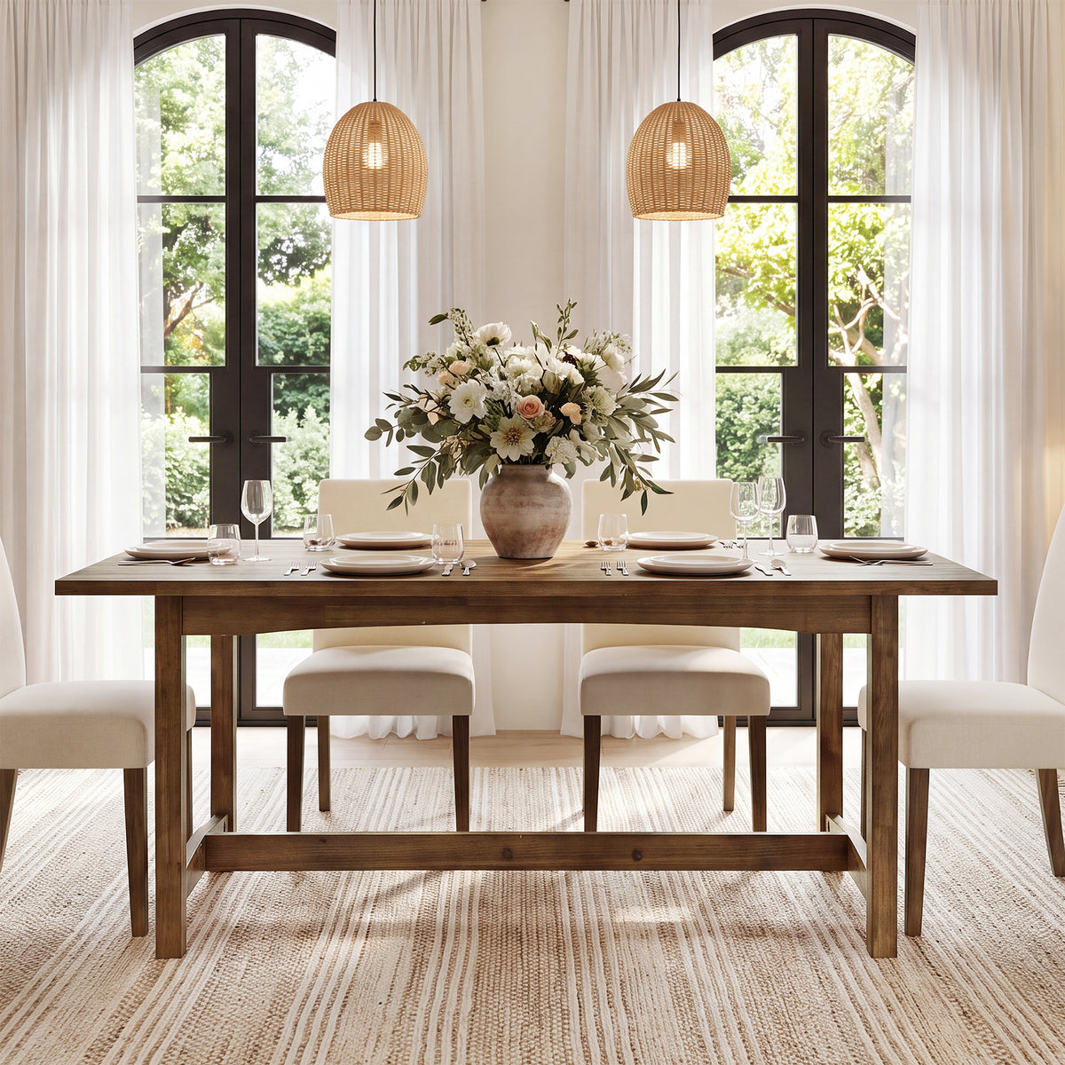 63" Solid Wood Dining Table for 4-6, Rectangle Kitchen Table with Reinforced Trestle Base