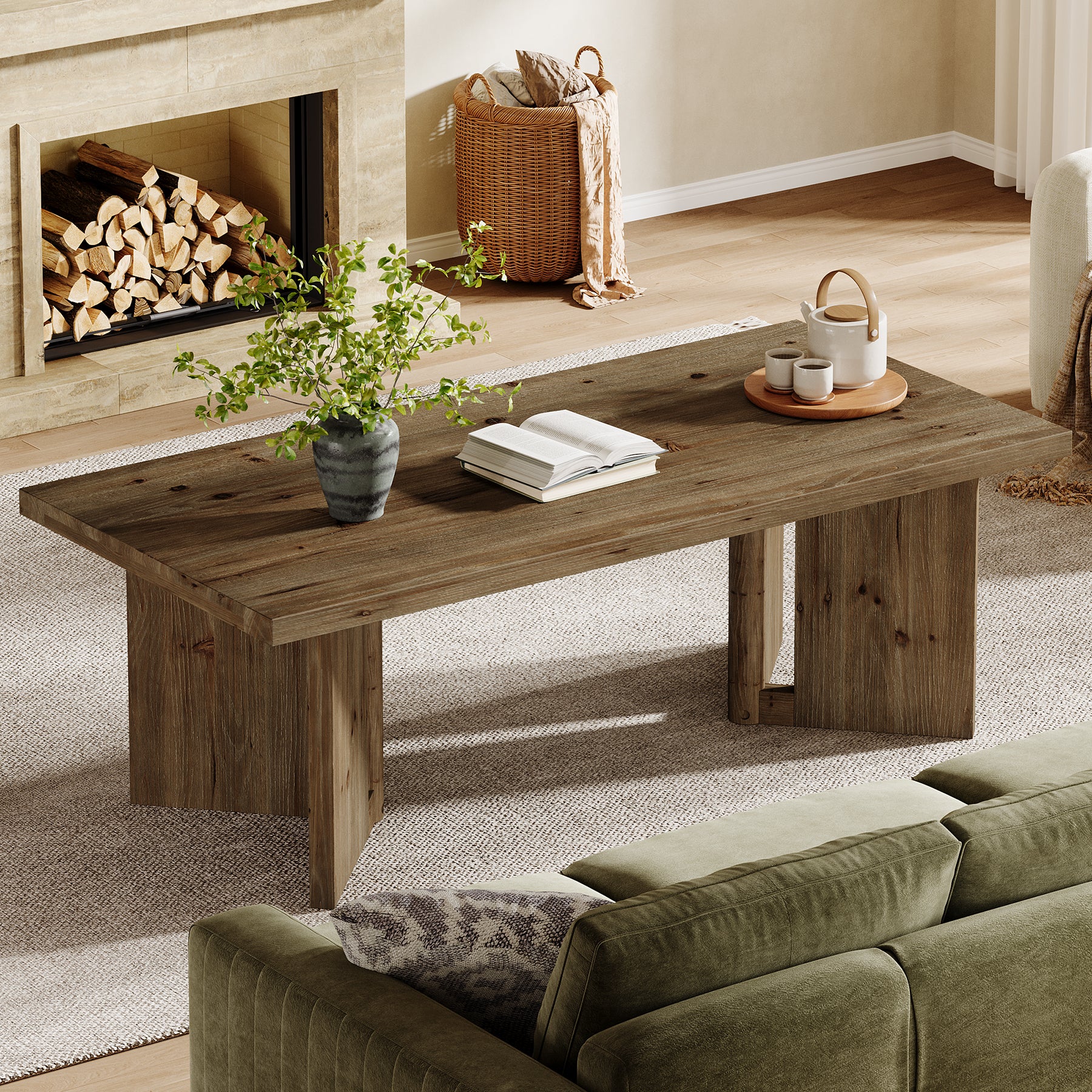 47" Wood Coffee Table, Farmhouse Rectangle Center Table with Triangle Legs