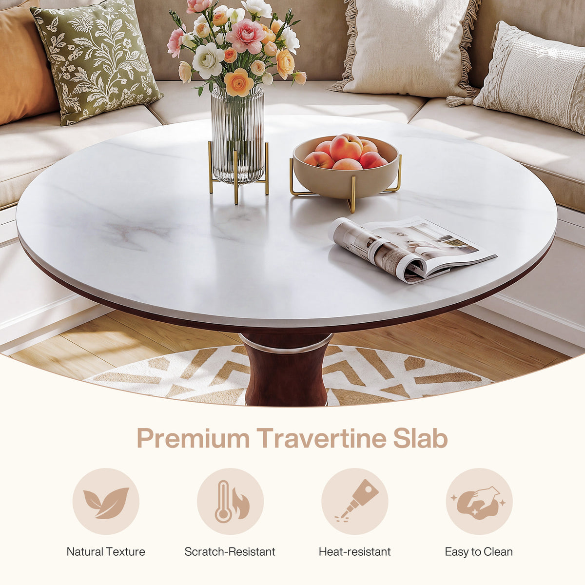 35" Round Sintered Stone Dining Table for 2-4, Rubberwood Pedestal