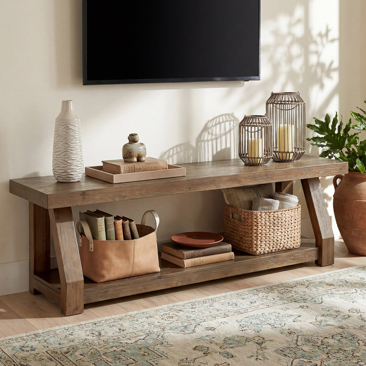 63" Solid Wood Entryway Bench with Shoe Storage, 2-Tier Rustic Shoe Bench for Hallway, Living Room & Bedroom