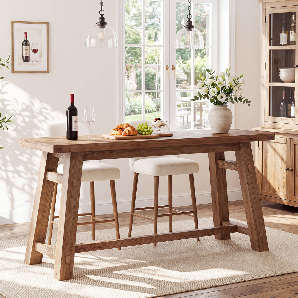 63" Solid Wood Bar Table with Footrest, Rectangular Pub Table, High Top Table