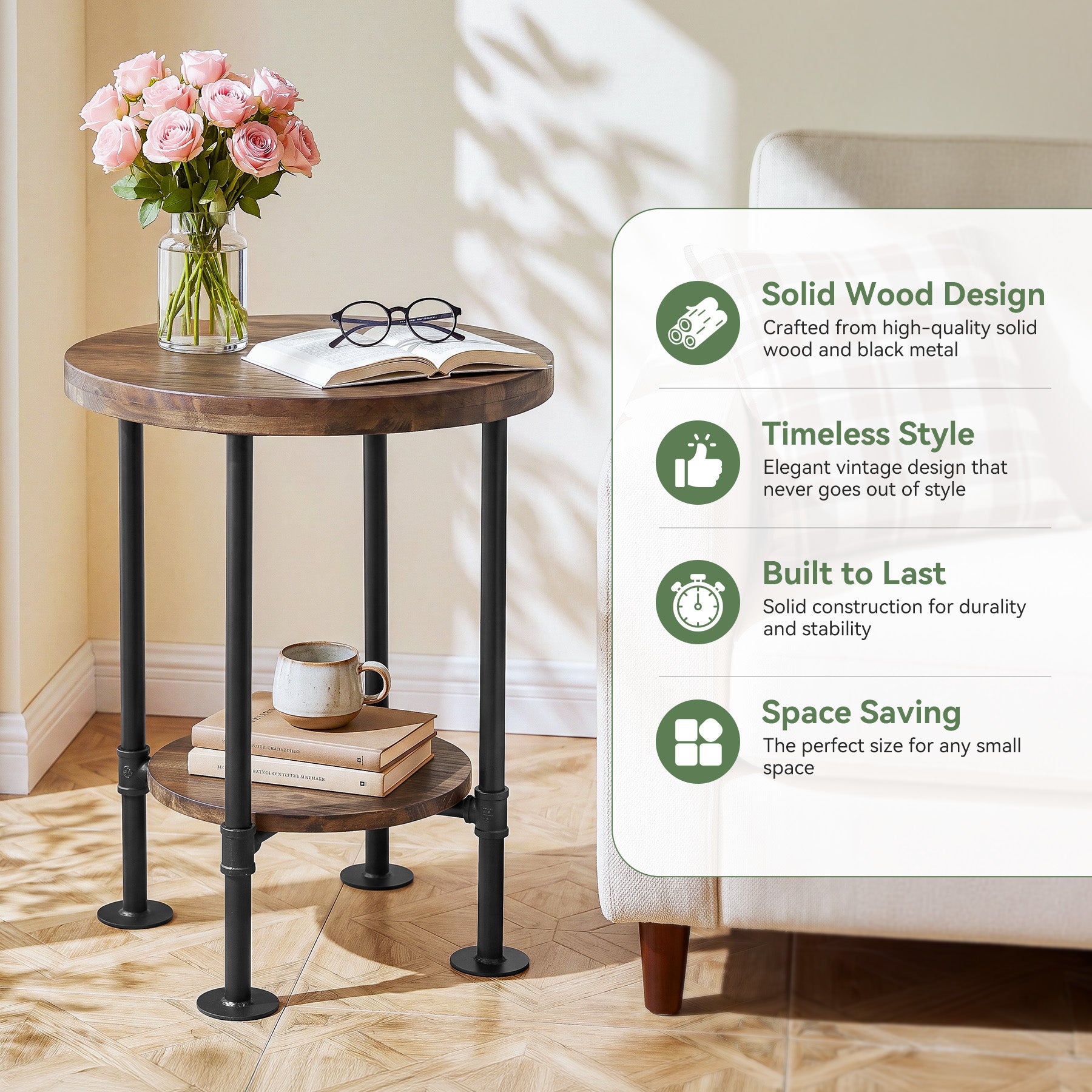 Round End Table, 2-Tier Side Table with Solid Wood Top & Metal Pipe Legs for Living Room