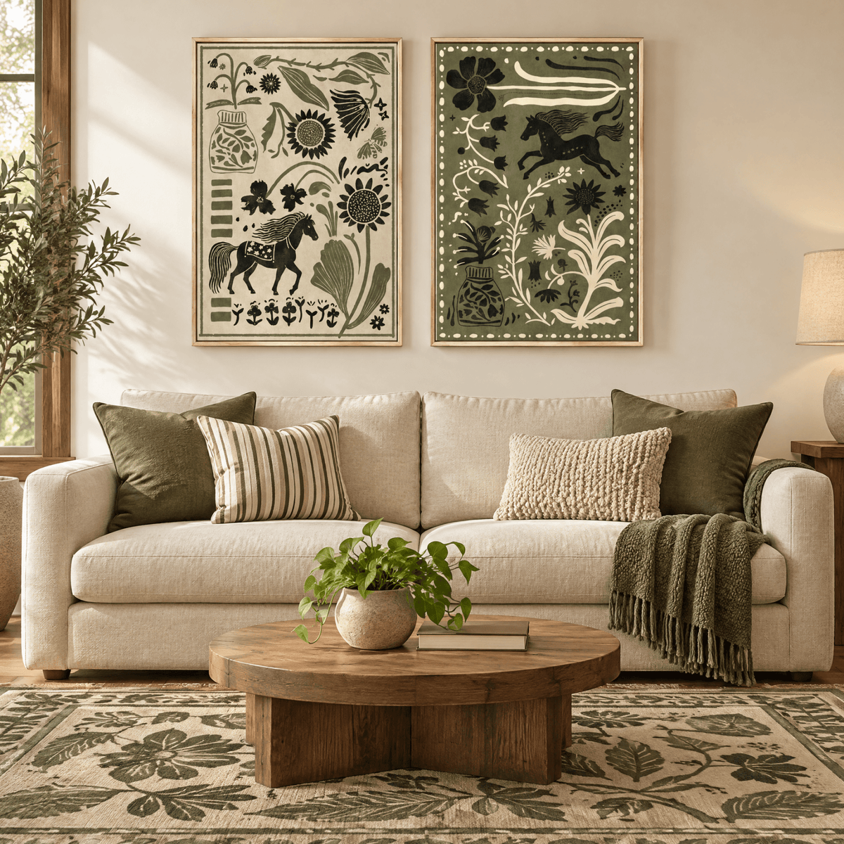 Tribesigns 2-Piece Modern Boho Horse Wall Art, Earthy Green Canvas Prints for living room