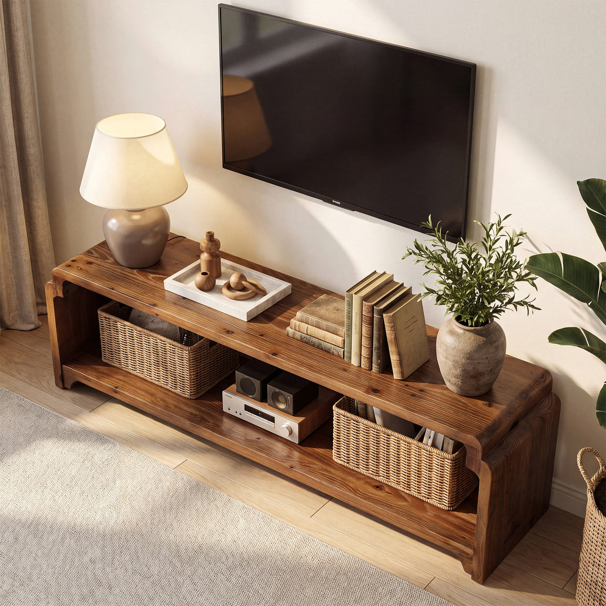 55.12" Solid Wood TV Stand for TVs up to 60", Farmhouse Media Console with Storage Shelves