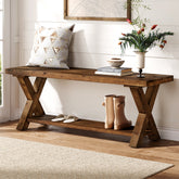 43.3" Solid Wood Bench, Farmhouse Entryway Bench with Storage Shelf 3