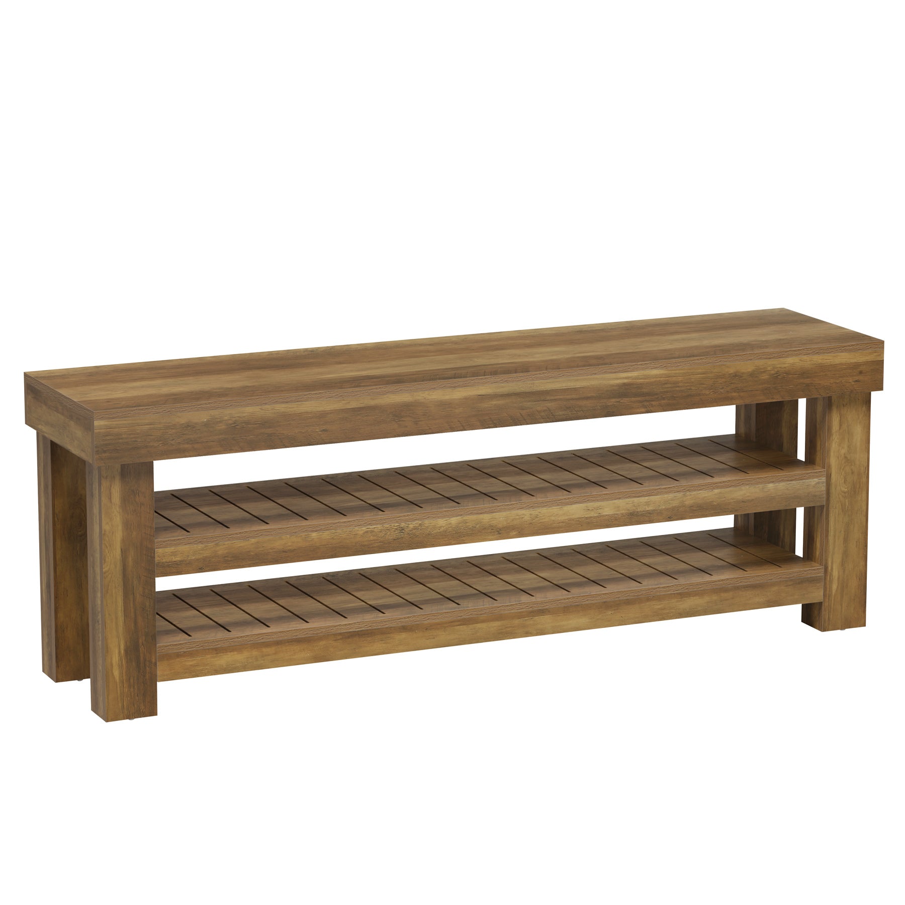 71" TV Stand for 85" TVs, Farmhouse Entertainment Center, 2-Tier Slatted Shelves