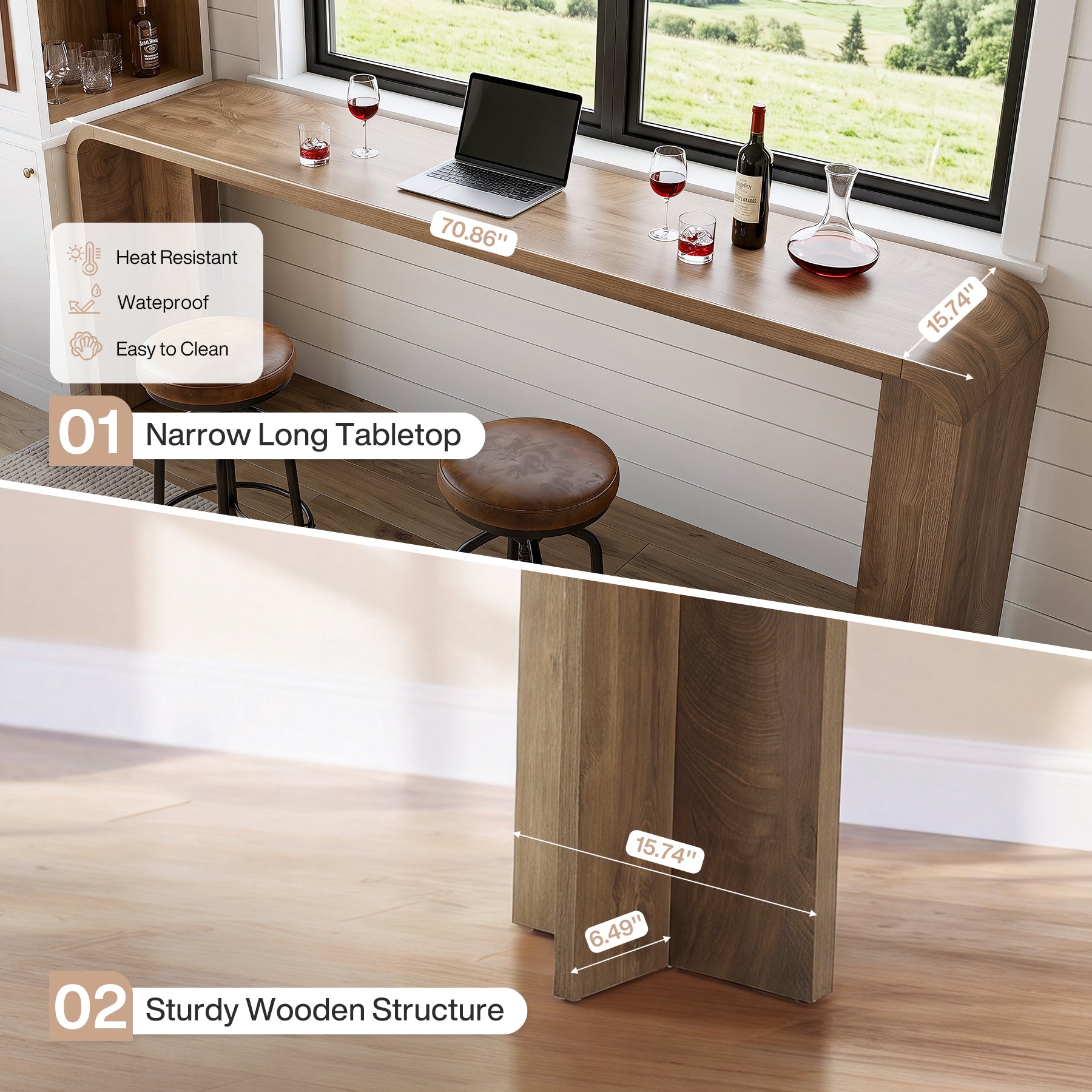 70.9" Long Bar Table, Narrow Counter Height Pub Table with Curved U-Shaped Base