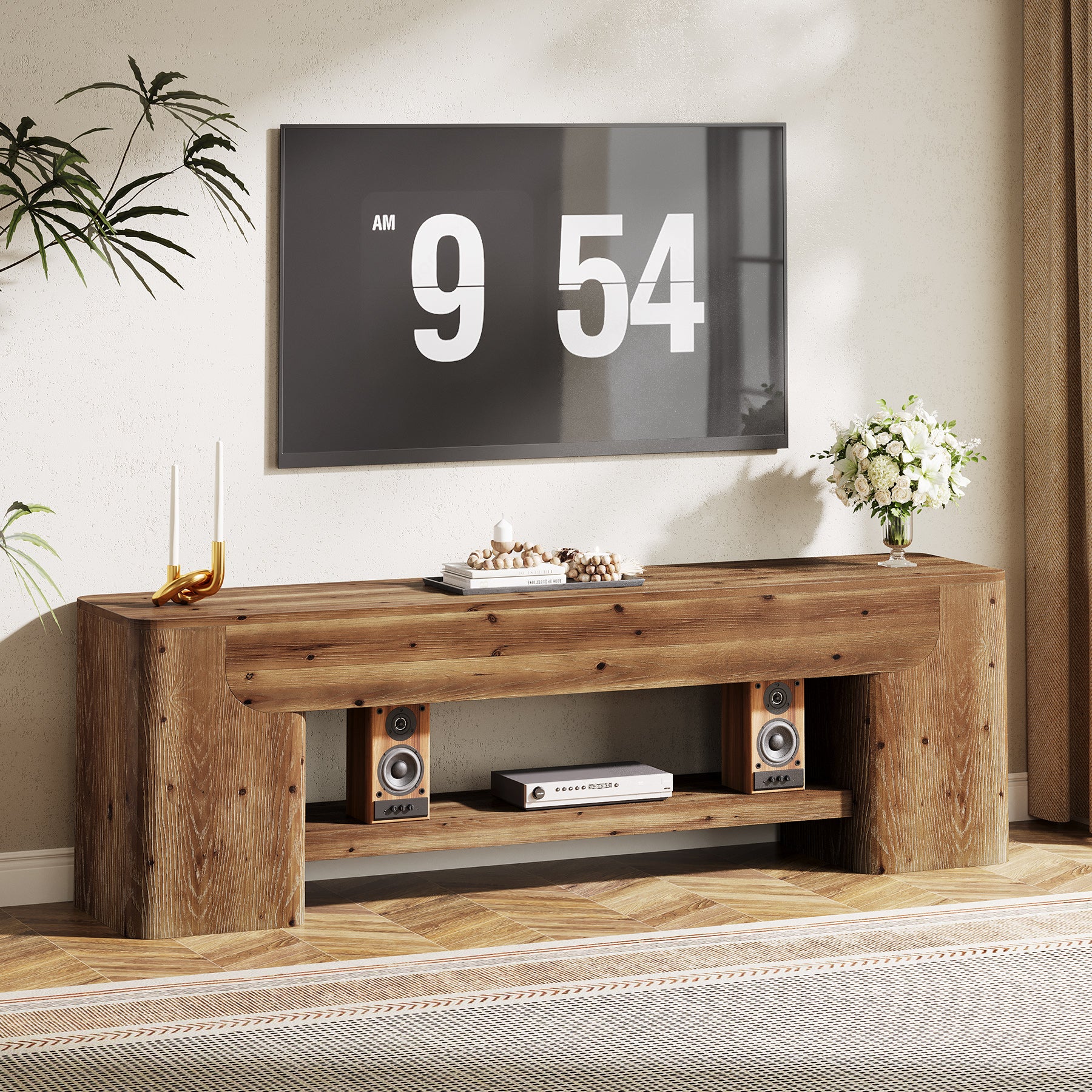 63" Solid Wood TV Stand for Up to 75" TVs, Farmhouse Entertainment Center with Open Shelf Storage for Living Room or Bedroom