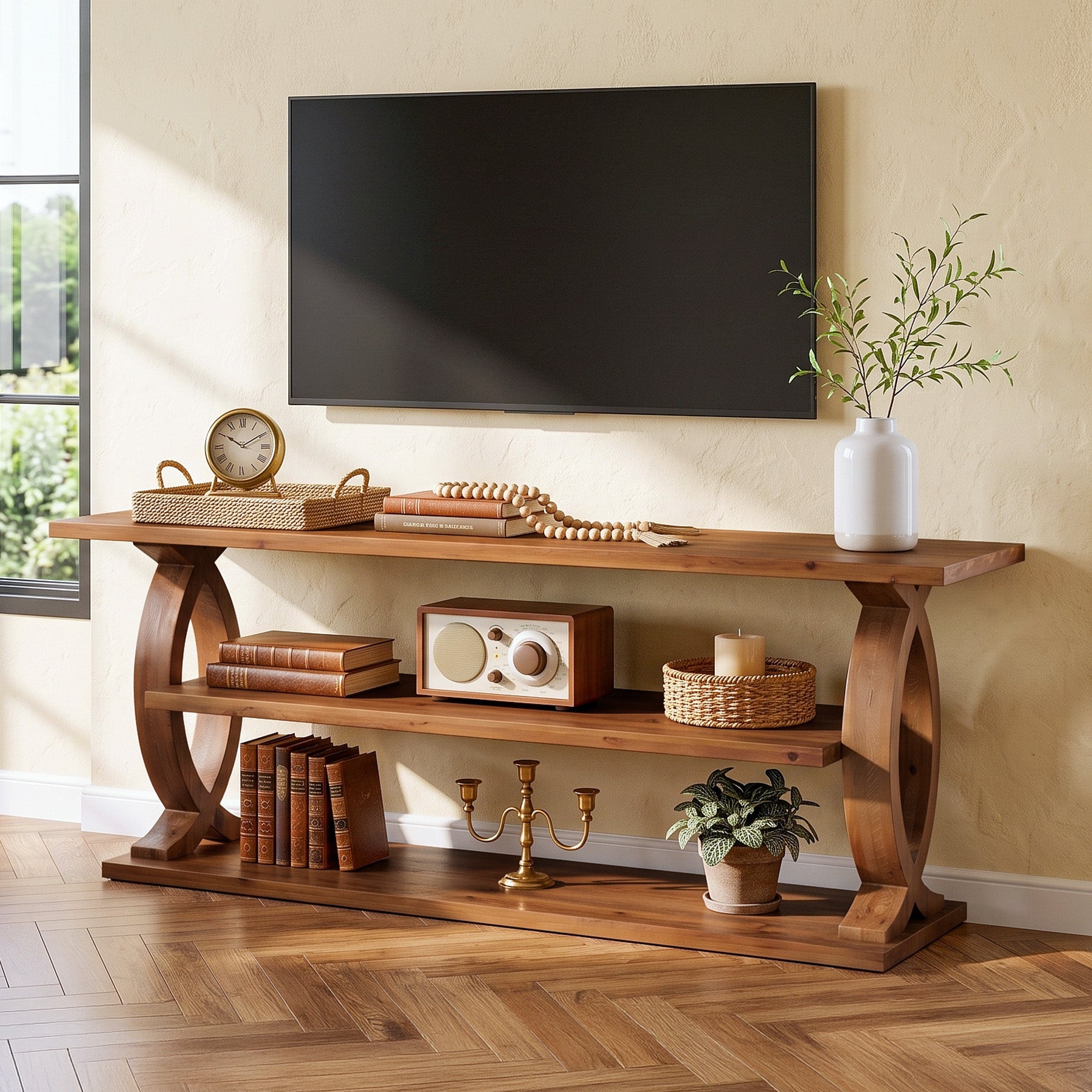 63" Solid Wood TV Stand for 75" TVs, 3-Tier TV Console with Open Storage Shelves