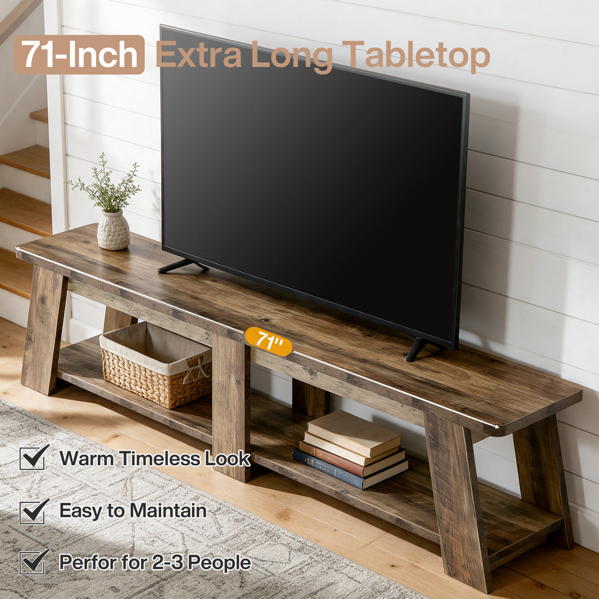 71" TV Stand for Up to 80" TVs, 2-Tier Entertainment Center with Trapezoid-Style Frame for Living Room