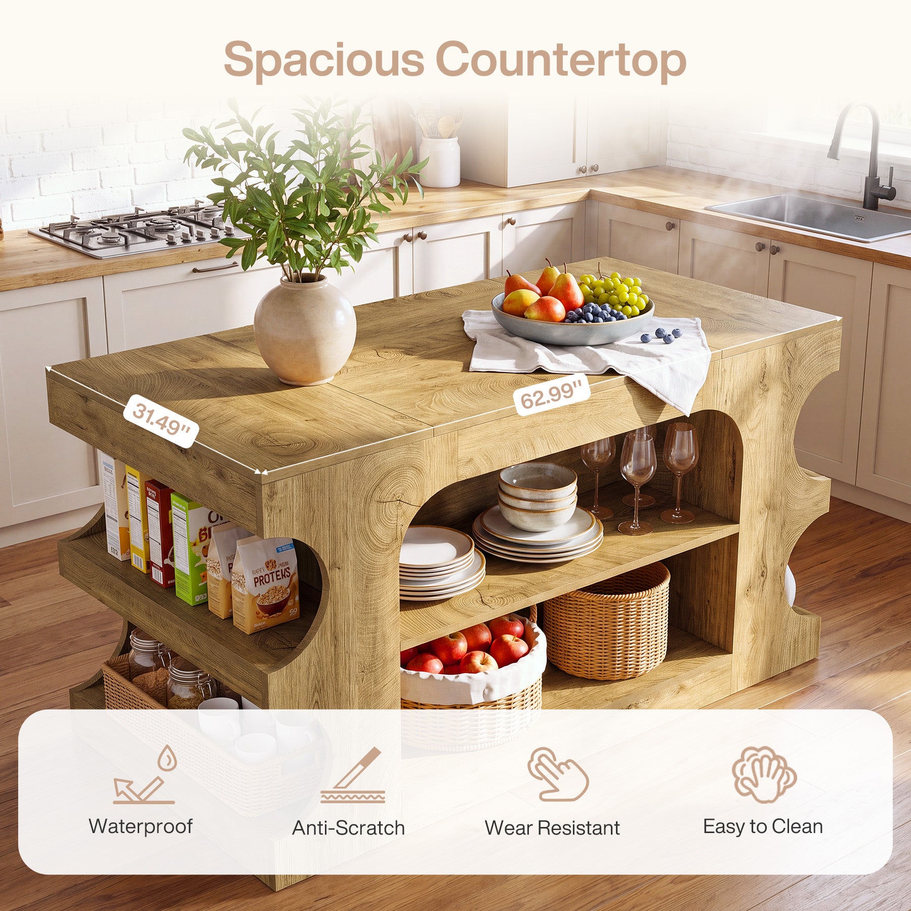 63" Kitchen Island with Storage, Farmhouse Counter Height Stationary Island for Kitchen
