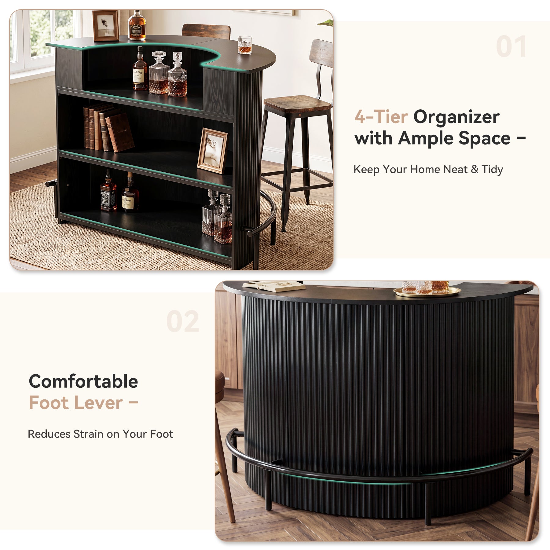 4-Tier Bar Table, Arc-Shaped Home Bar Units with Metal Footrest for Home Kitchen