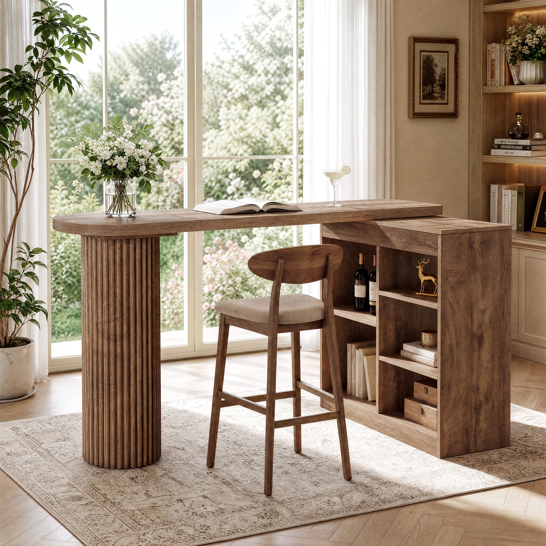 L-Shaped Bar Table with Rotatable Open Storage Shelves, 63" Counter-Height Pub Table for Kitchen
