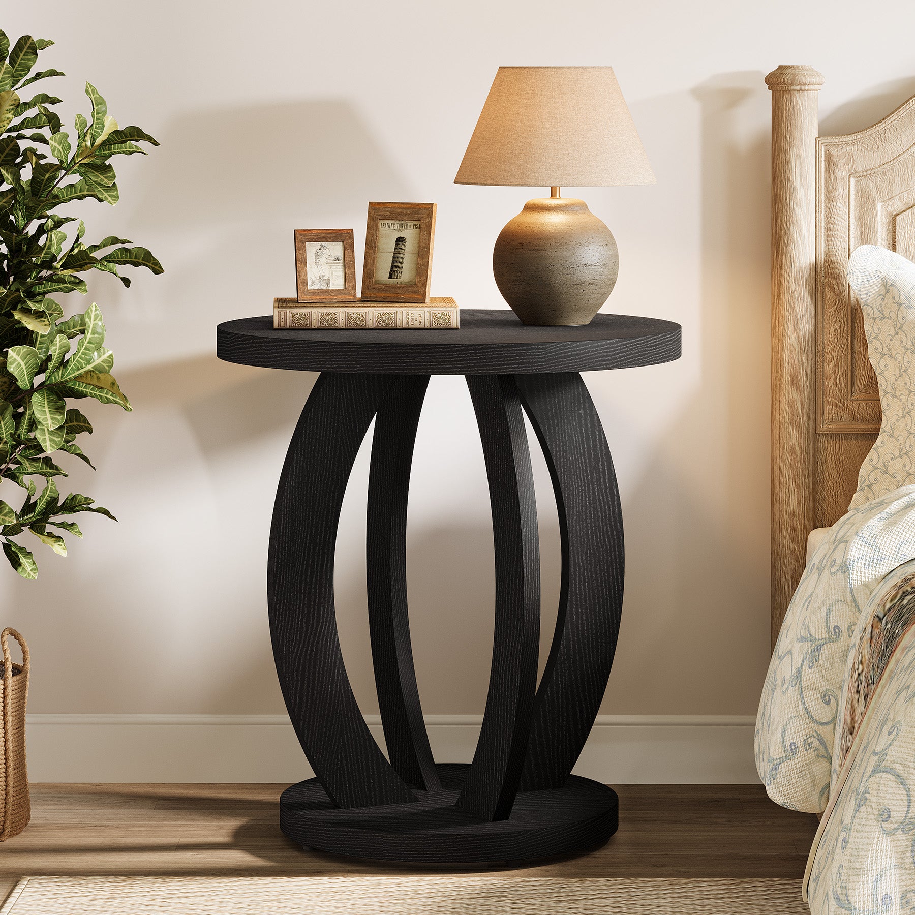Round Nightstand with Storage, Large Bedside Table for Bedroom