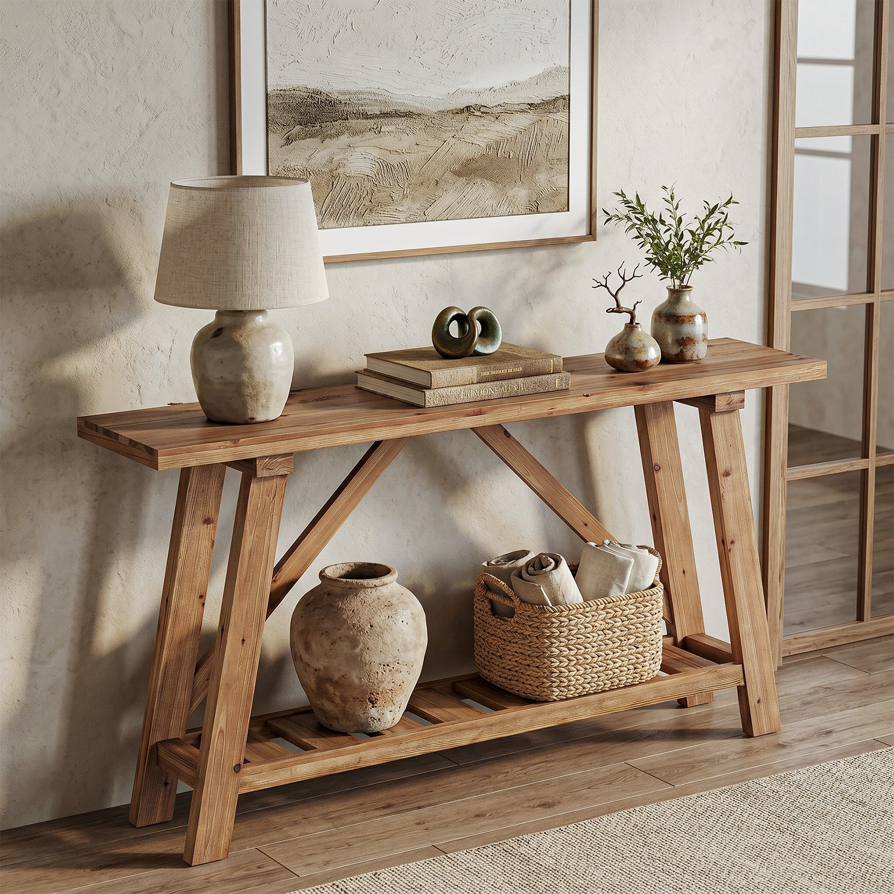 62.9" Solid Wood Console Table, Narrow Sofa Table with Storage Shelf for Entryway