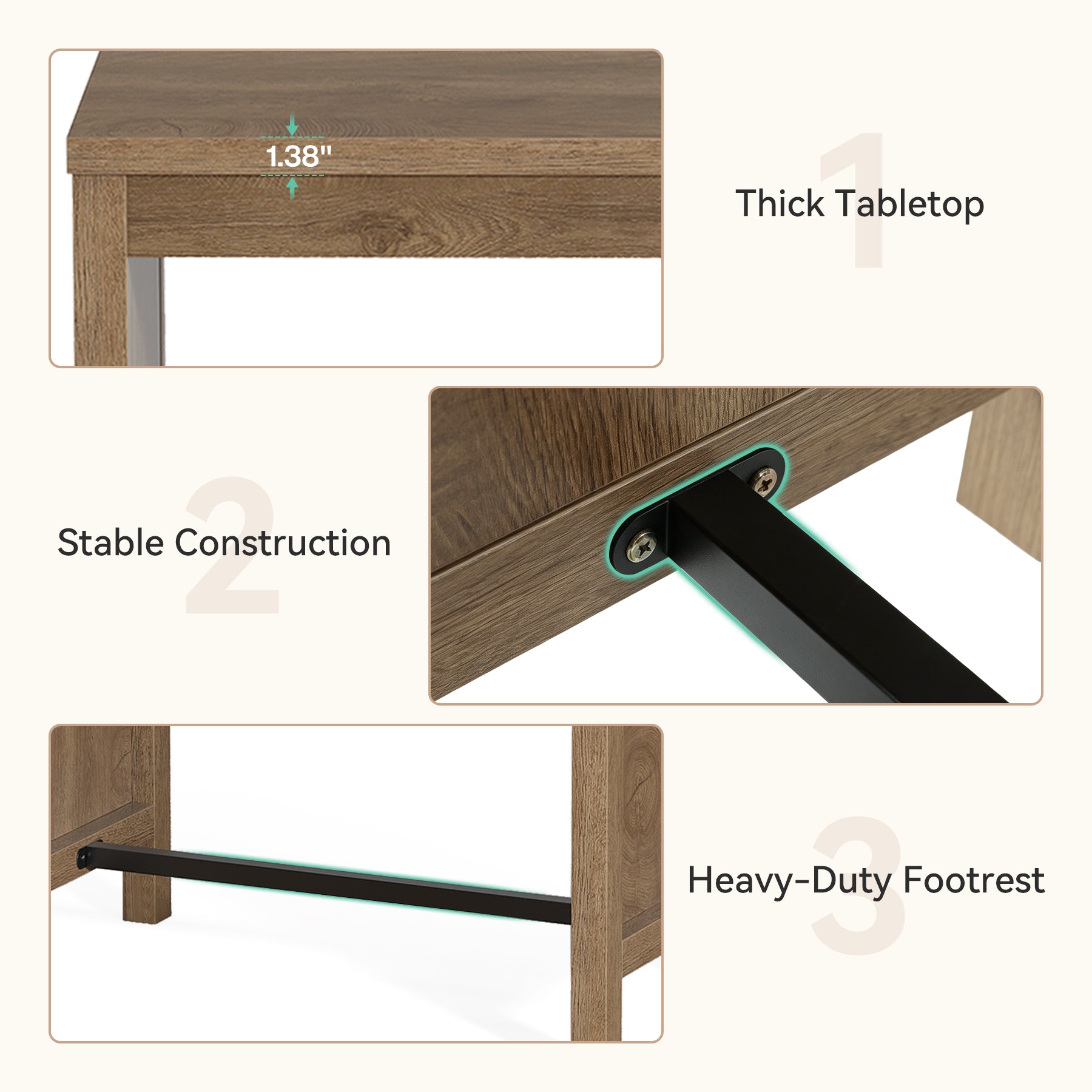 70.9" Farmhouse Bar Table for 4-6, Counter Height Pub Table with Metal Footrests