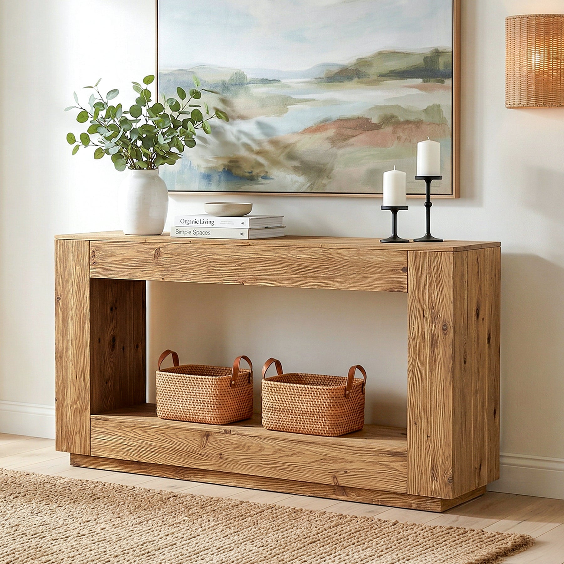 59" Solid Wood Console Table with 2-Tier Shelf, Modern Rustic Entryway Sofa Table for Hallway or Living Room