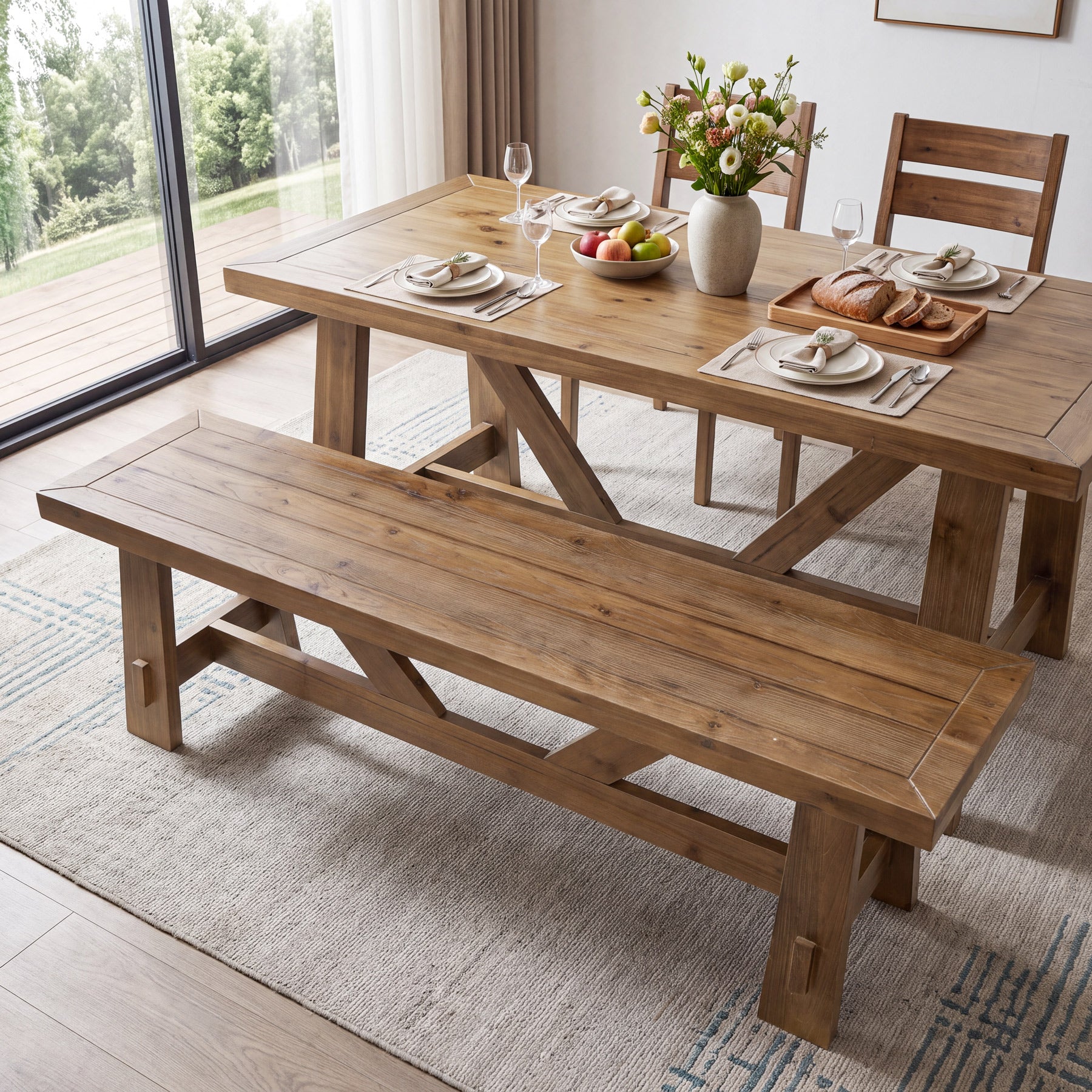 55" Solid Wood Dining Bench, Farmhouse Wooden Kitchen Bench for Dining Room