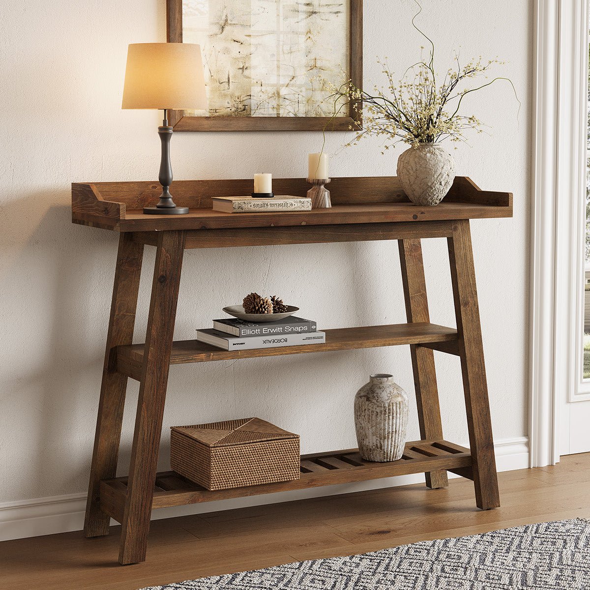 45" Solid Wood Console Table with Storage Shelves, Narrow Entryway & Sofa Table, 3-Tier Farmhouse Hallway Table for Small Spaces
