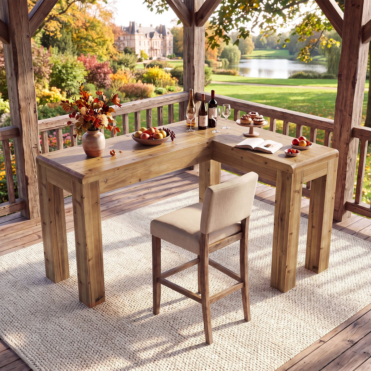 63" Solid Wood L-Shaped Bar Table, Corner Dining Table for Kitchen