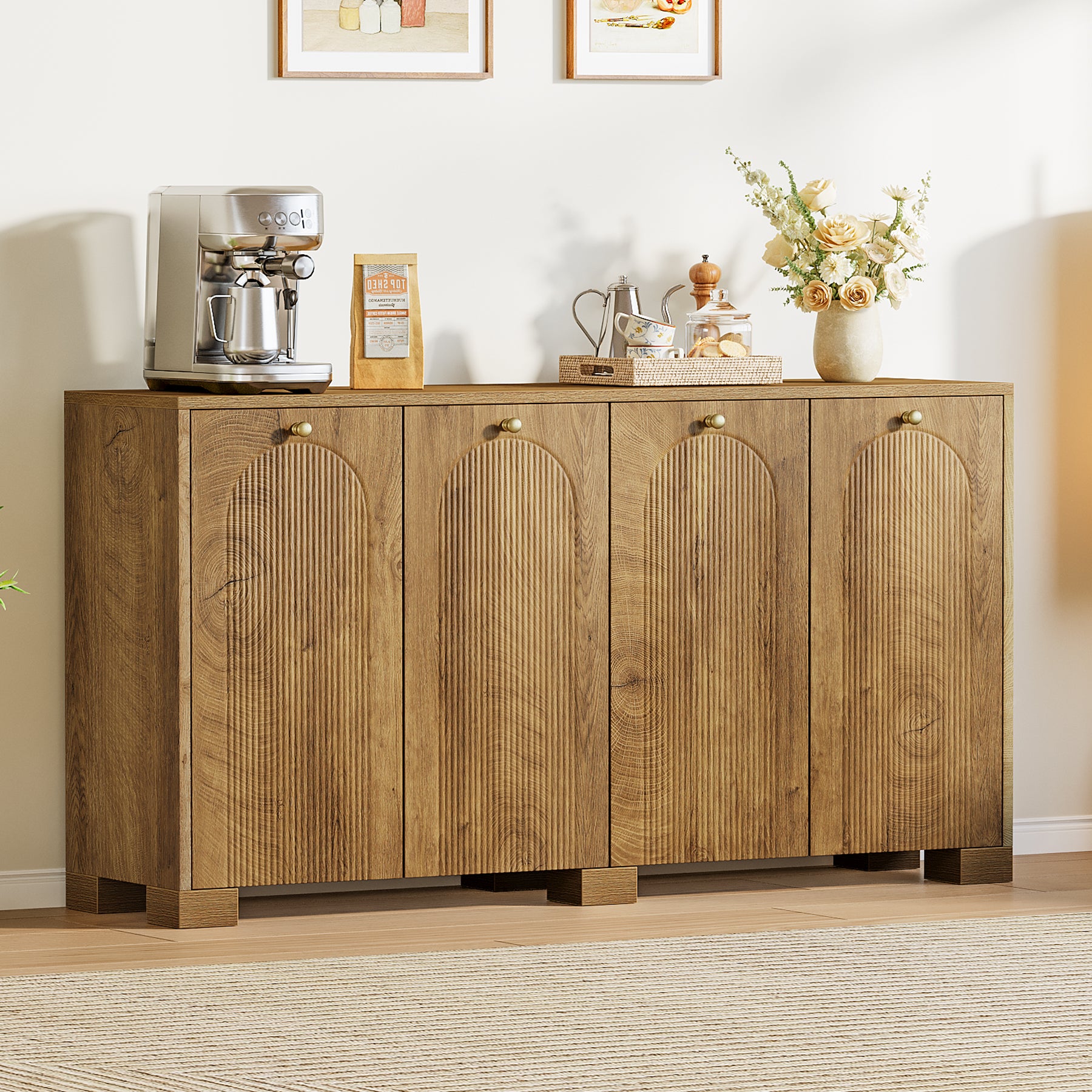 59" Sideboard Buffet Cabinet, Fluted Buffet Table with 4 Doors & Shelves