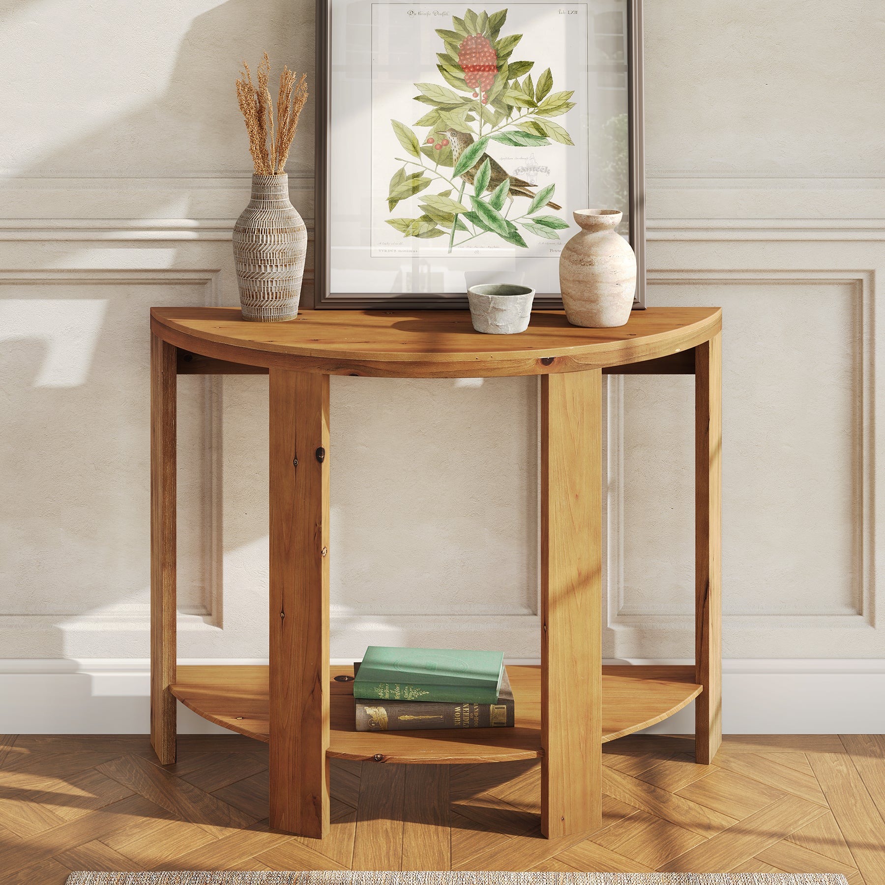Solid Wood Console Table, Half-Moon 41.3" Hallway Table with 2-Tier Storage