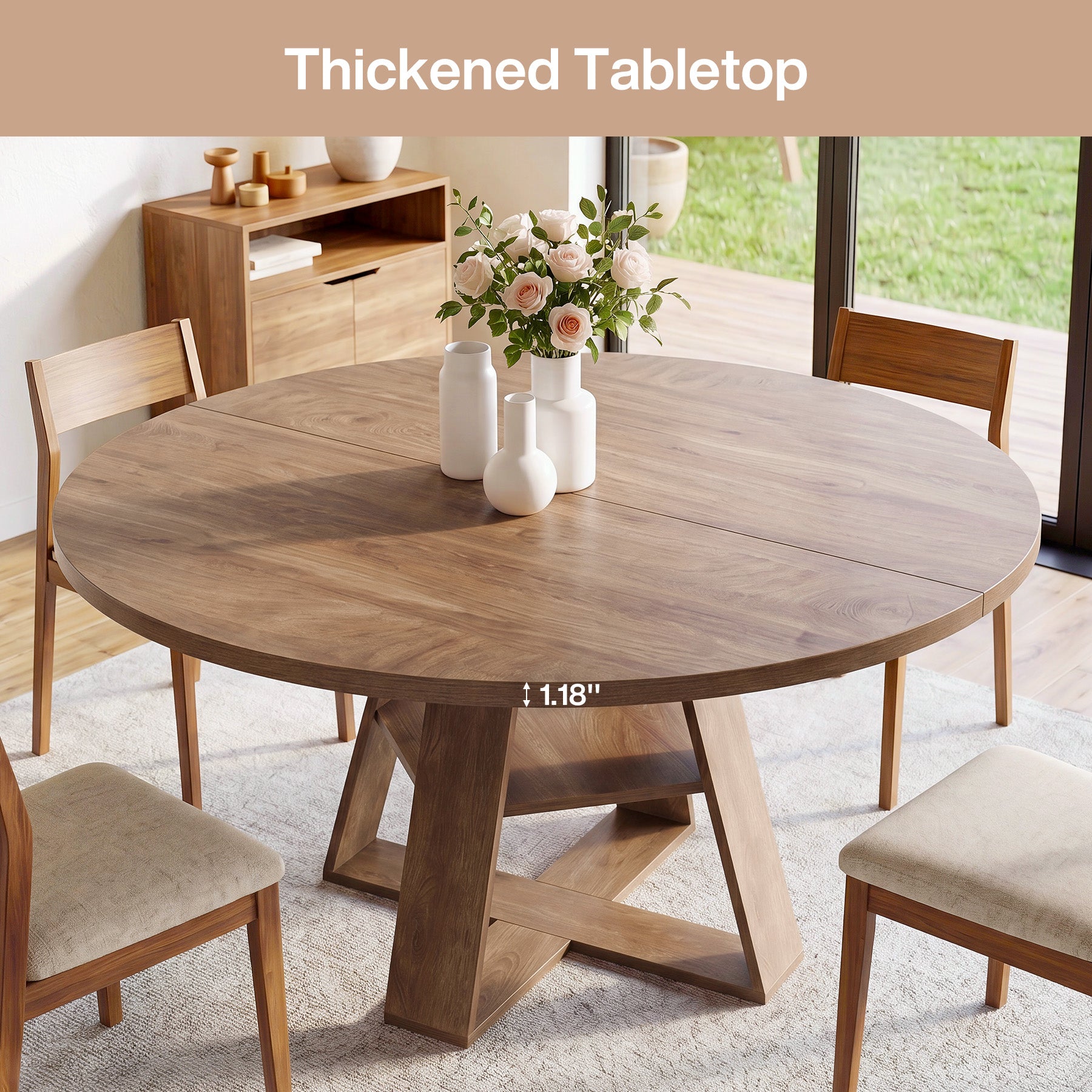 47.24" Round Dining Table for 4-6, Farmhouse Kitchen Table with Storage Shelf & X-Cross Base