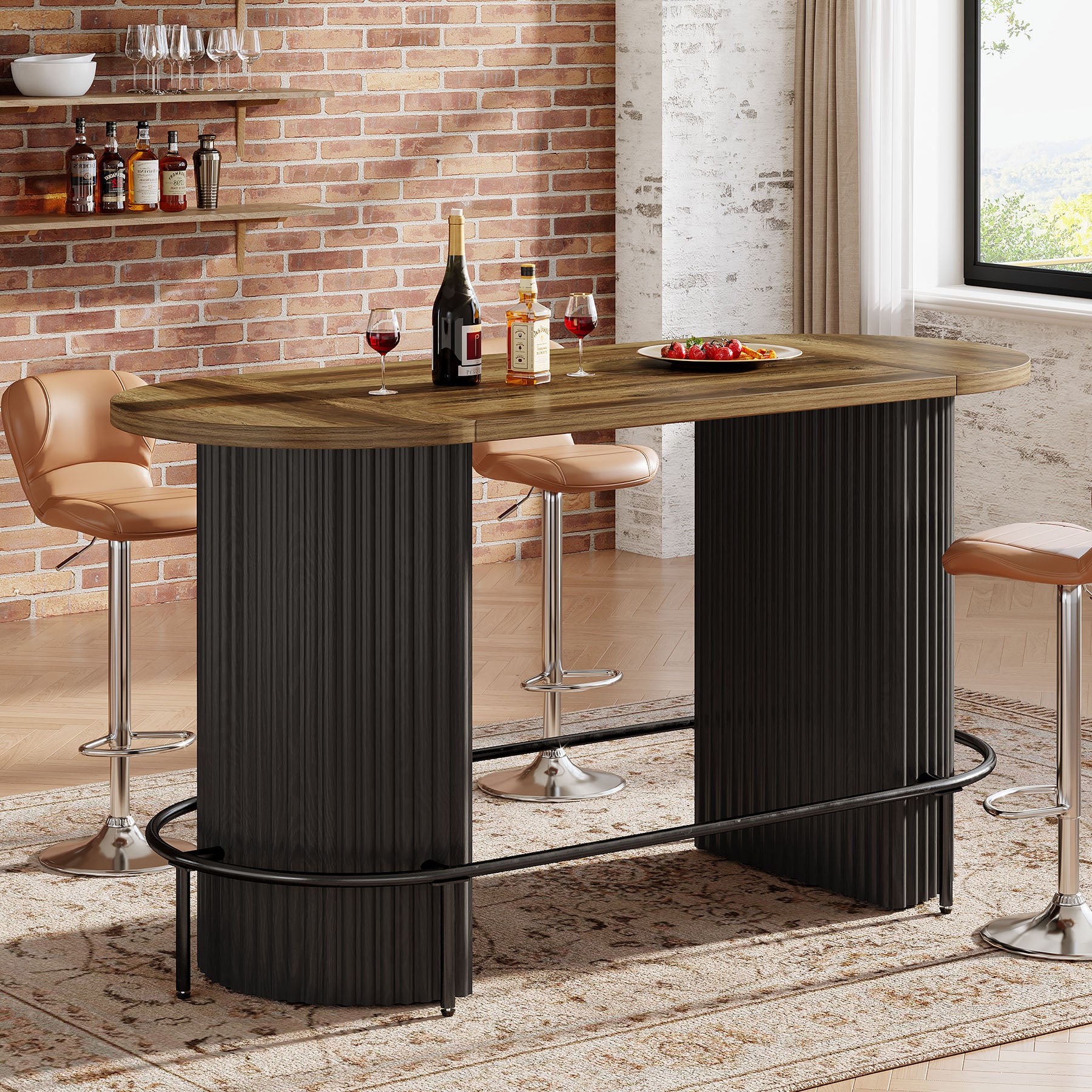 Modern Bar Table, Oval Counter Height Pub Dining Table with Metal Footrest