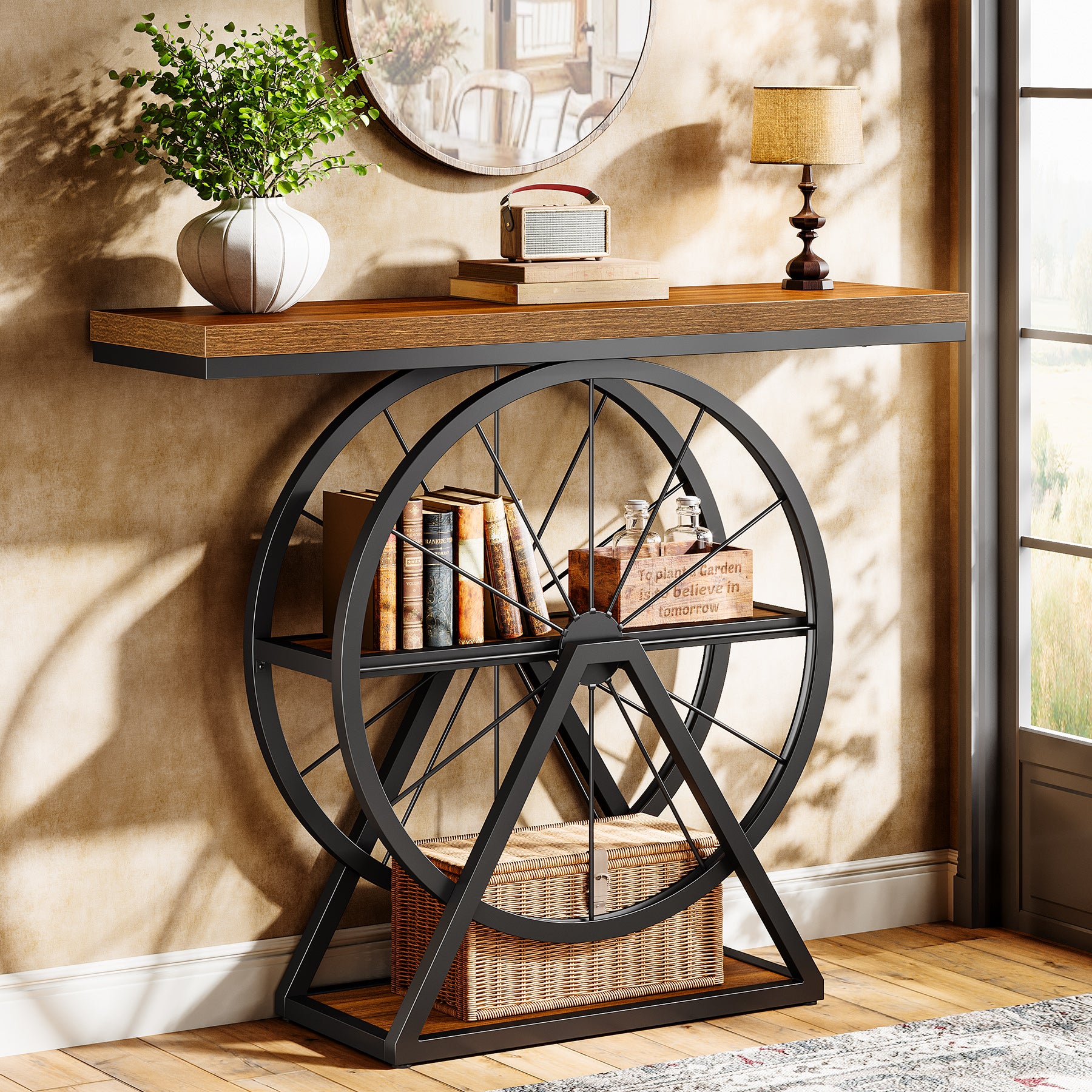 39.4" Industrial 3-Tier Console Table with Wheels, Narrow Entryway Sofa Table with Storage