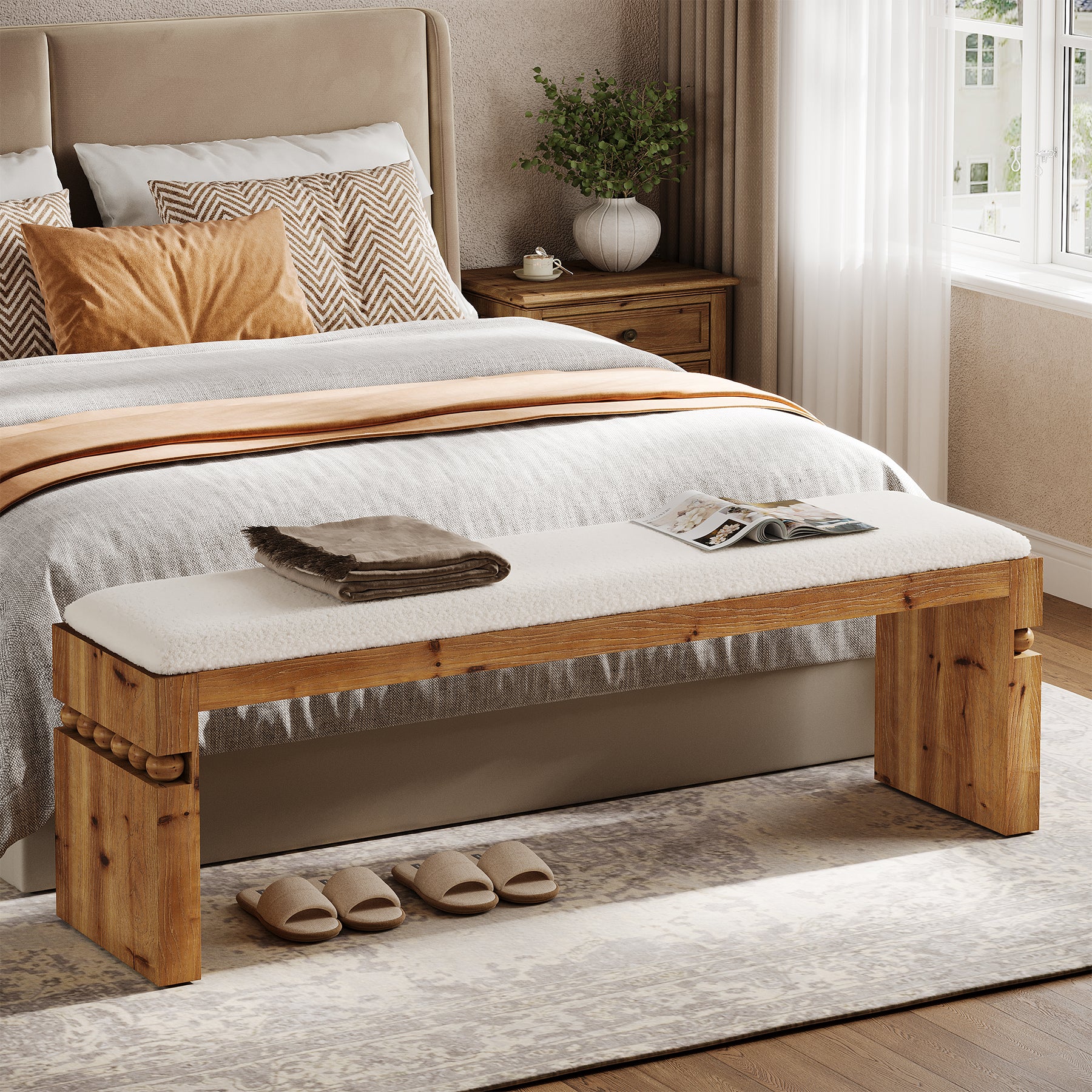 Solid Wood Entryway Shoe Bench, 55" Bedroom Footrest with Removable Cushion