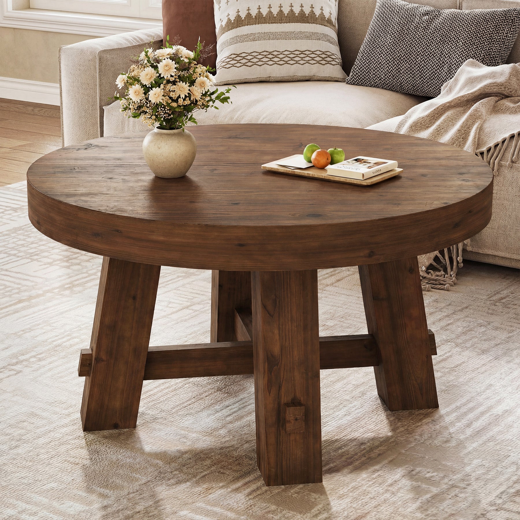 Solid Wood Coffee Table, 31.5" Round Center Table with Thickened Tabletop