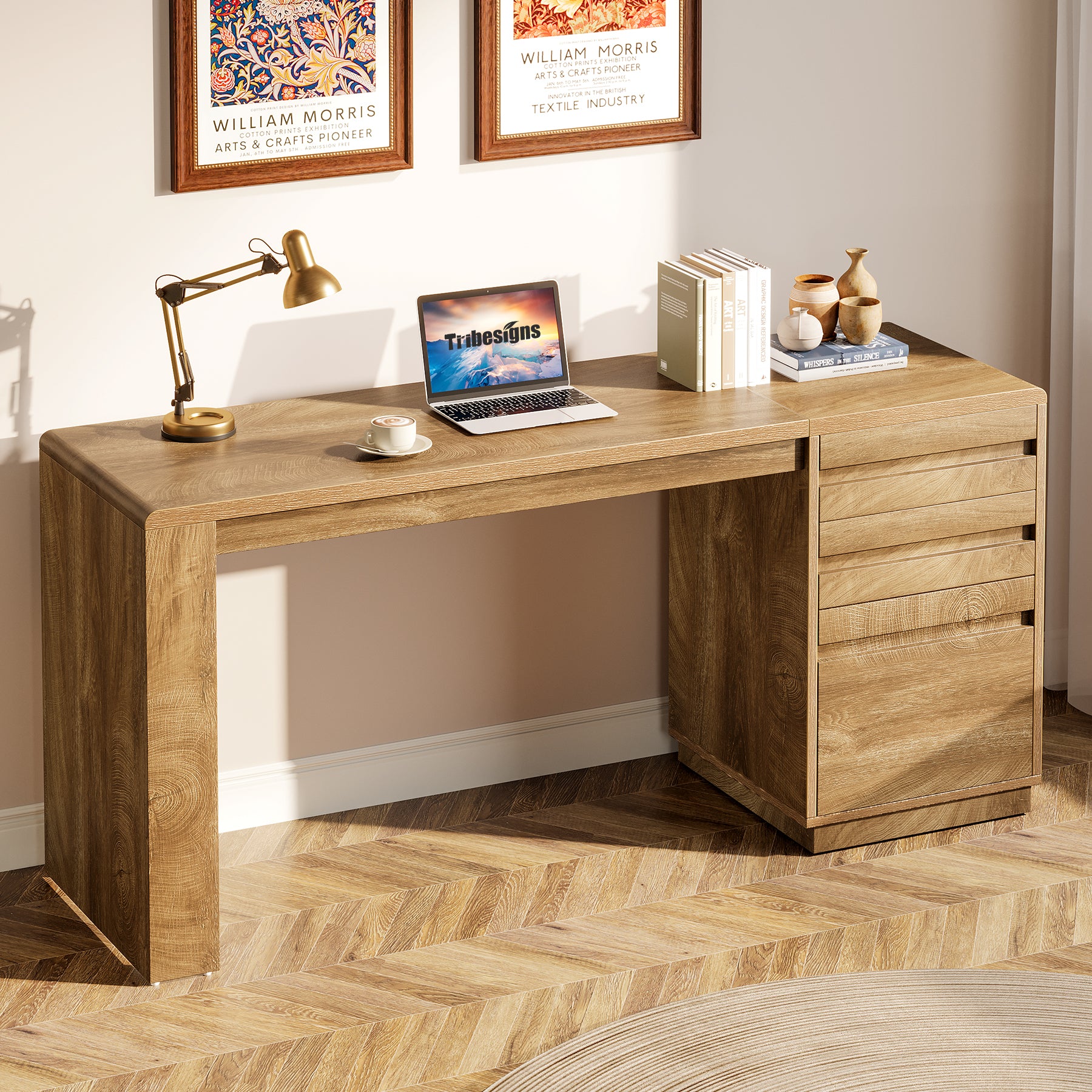 55" Computer Desk, Farmhouse Executive Desk with 3 Drawers Storage Cabinet