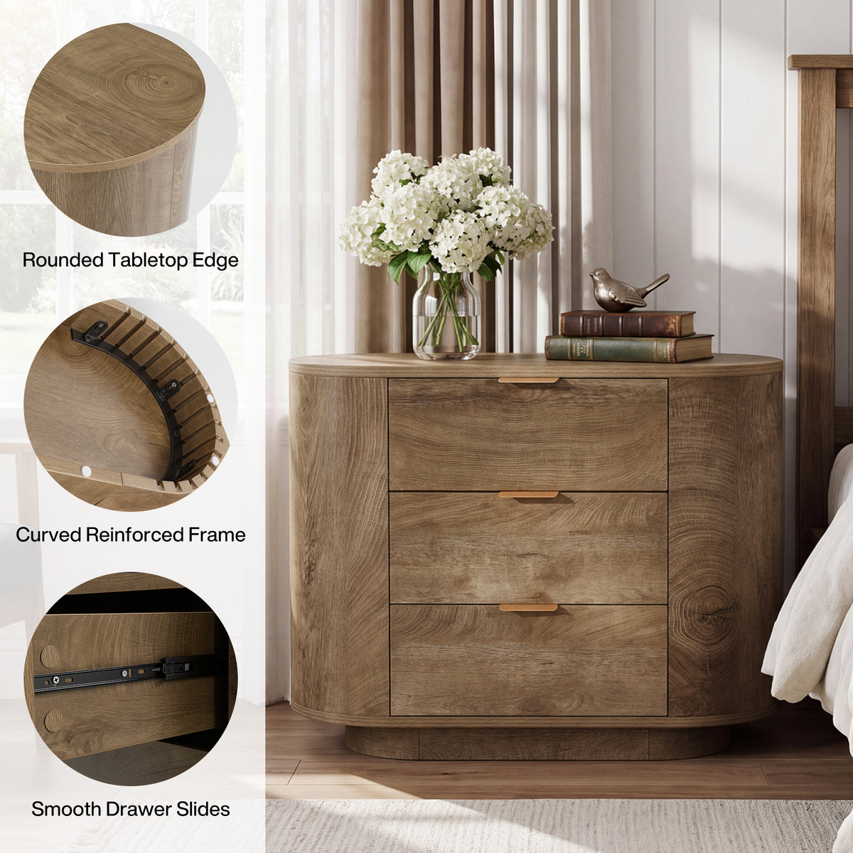 35" Oversized Nightstand with 3 Drawers, Modern Oak Finish Bedside Table