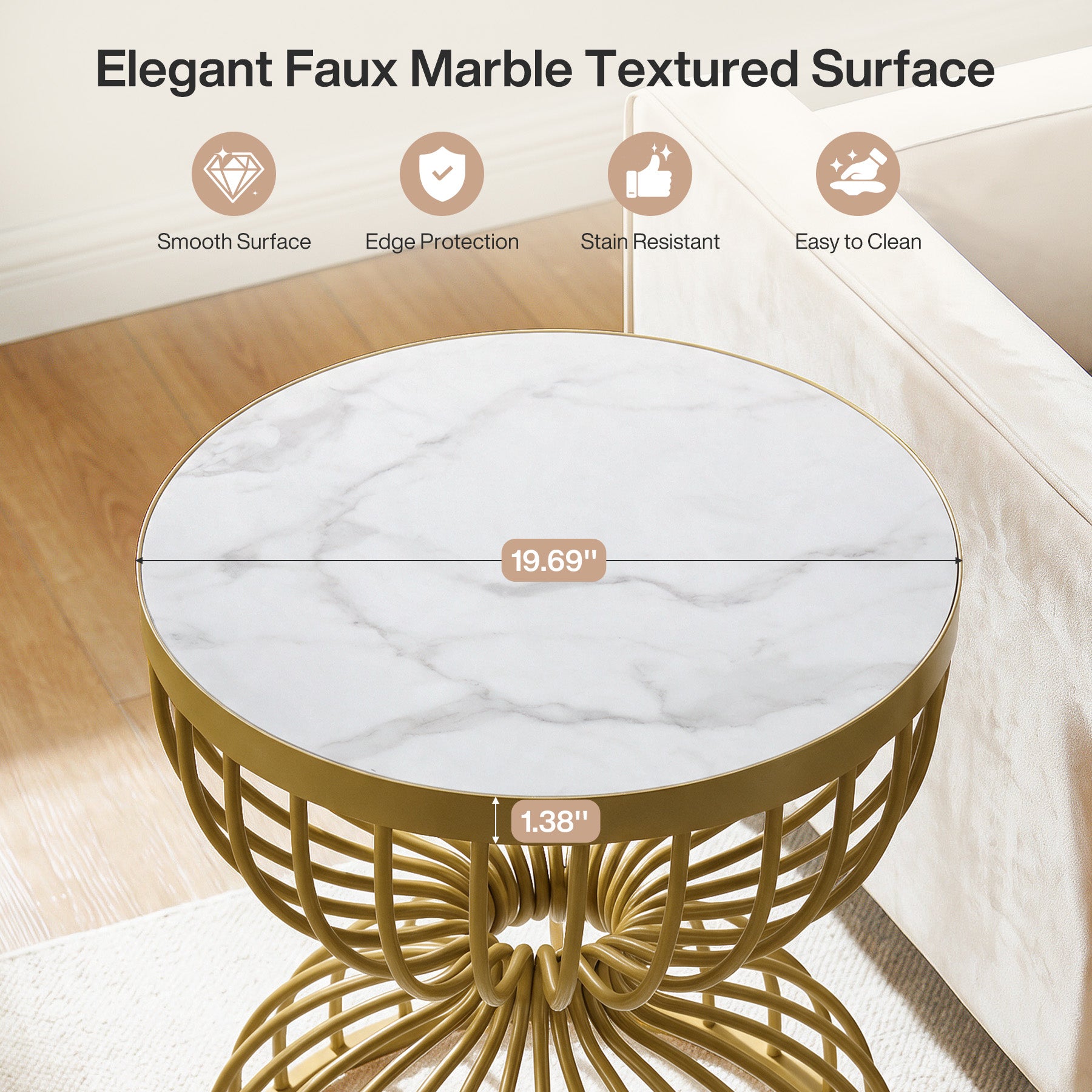 Hourglass Round End Table, Modern Accent Side Table with Faux Marble Top & Metal Frame