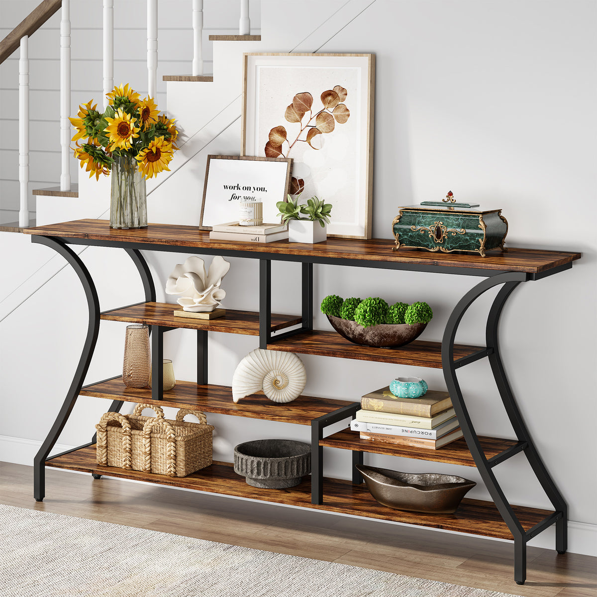 70.8 Console Table, Industrial Entryway Sofa Table with 3-Tier Shelves