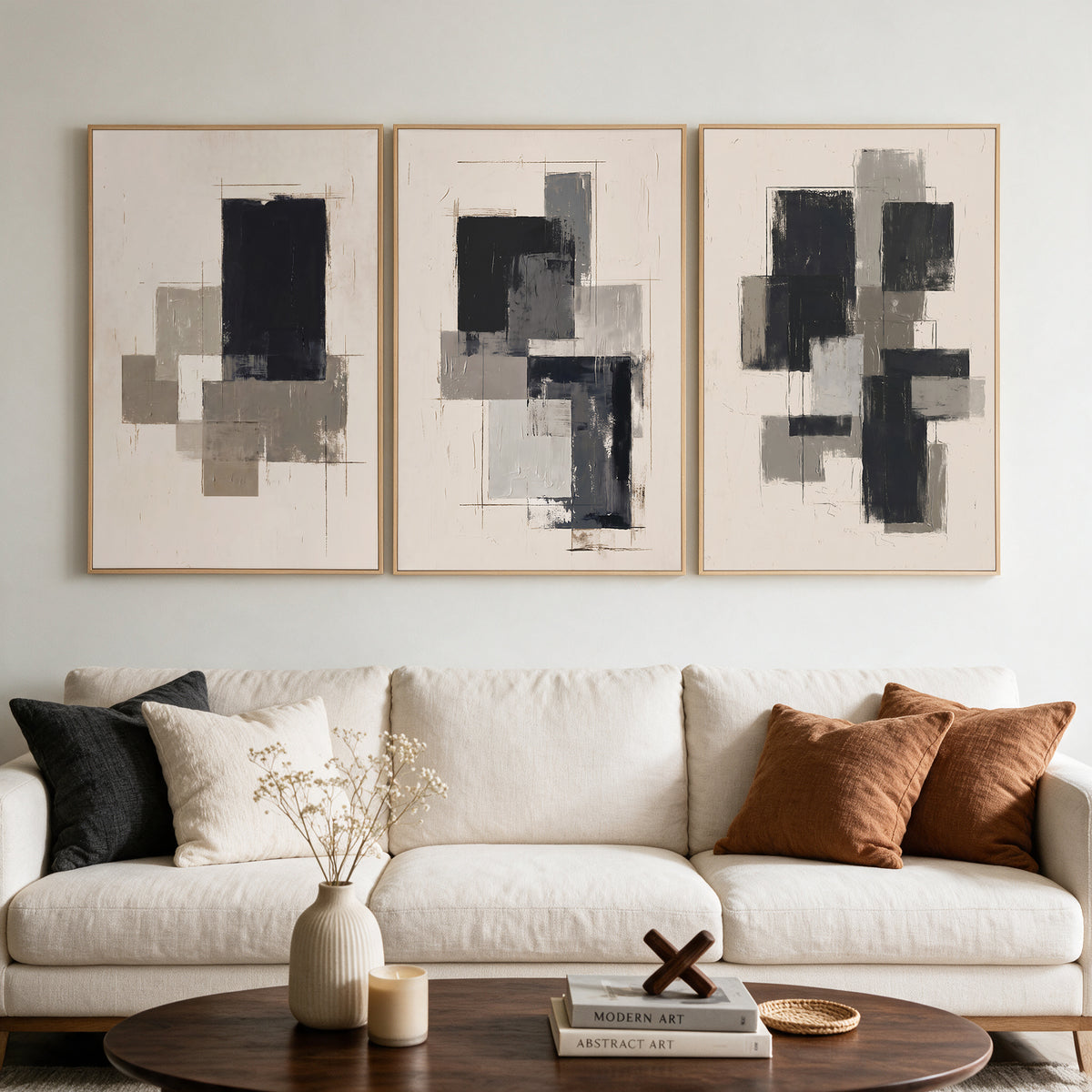3-Piece 24x36" Modern Abstract Wall Art, Black Beige Framed Canvas Prints