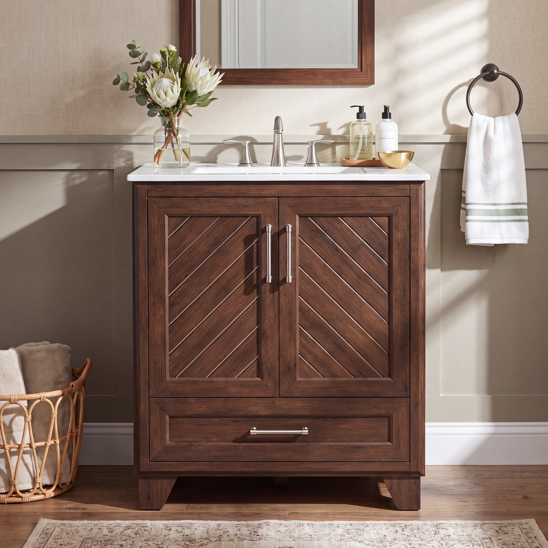 24" Bathroom Vanity, Modern Bathroom Cabinet with Sink & Carved Doors