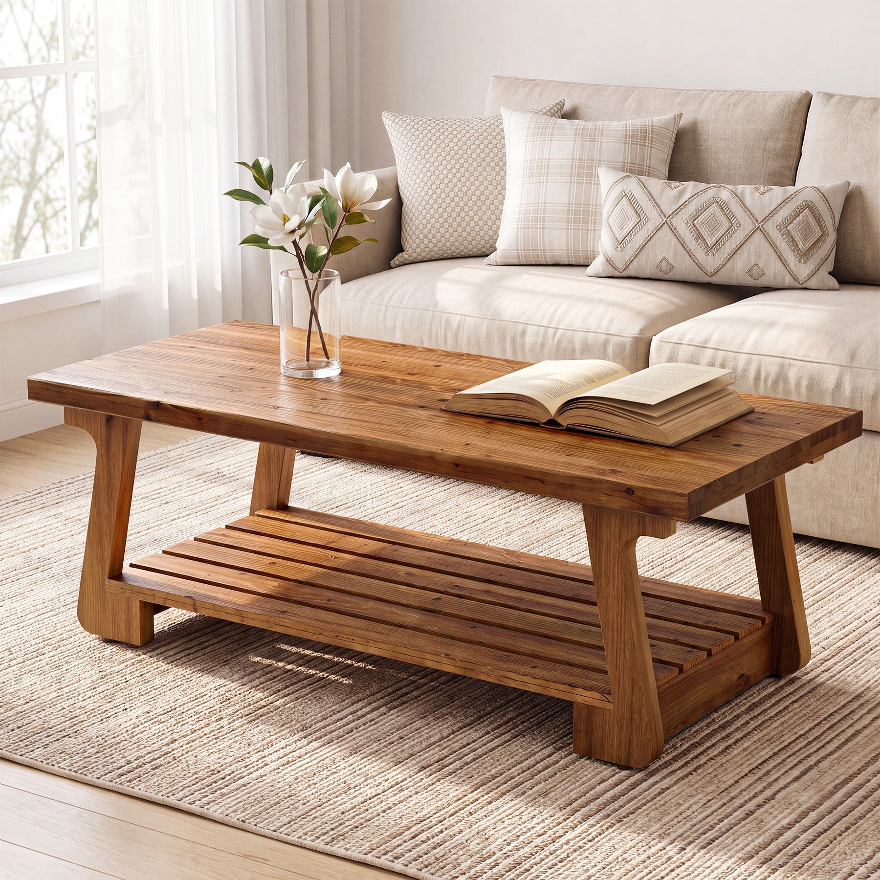 55" Solid Wood Coffee Table, 2-Tier Center Tea Table with Storage Shelf for Living Room