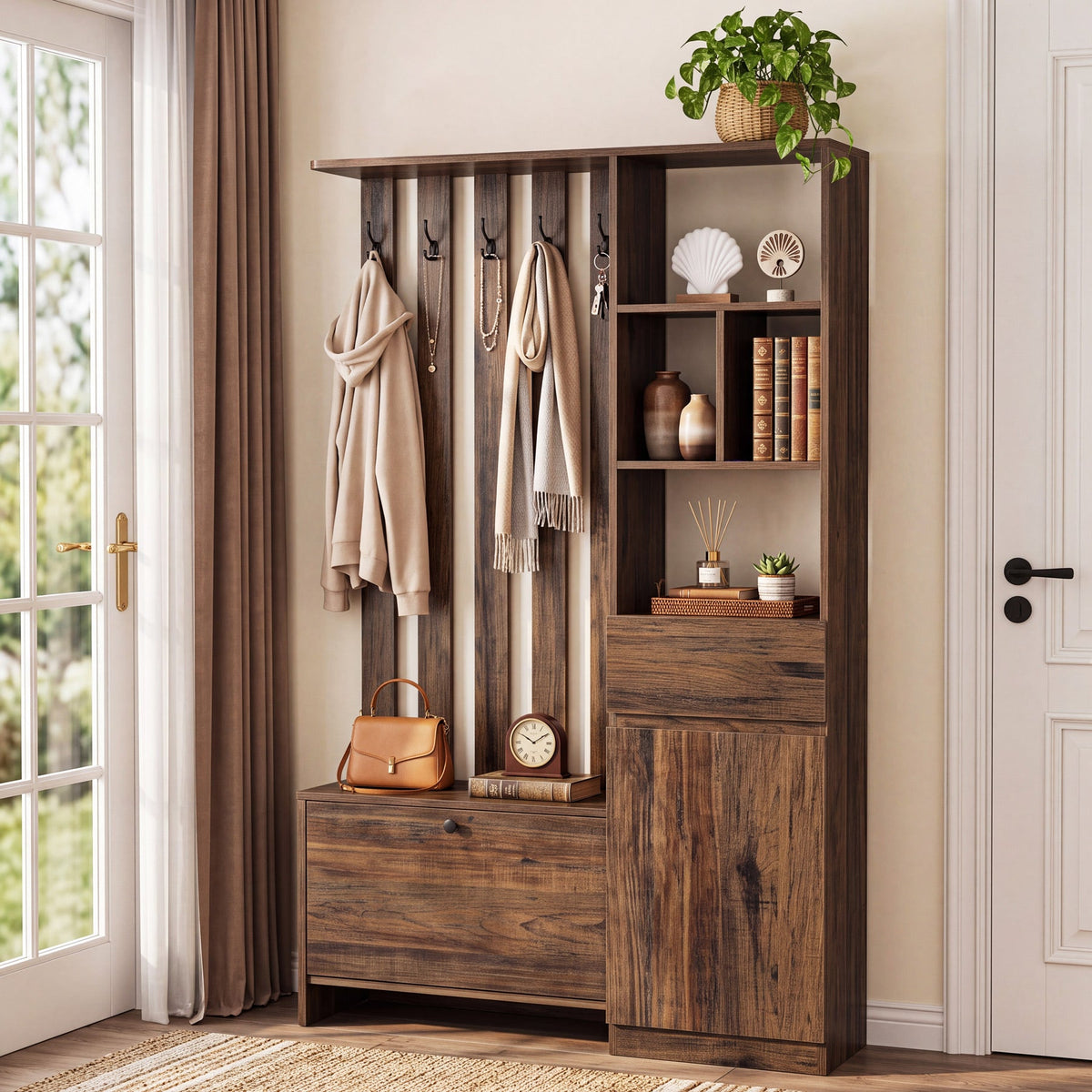 71" Freestanding Room Divider with Storage, 5-in-1 Entryway Coat Rack