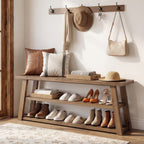 63" Solid Wood Entryway Bench with Storage, 3-Tier Shoe Bench with Open Shelves