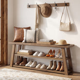 63" Solid Wood Entryway Bench with Storage, 3-Tier Shoe Bench with Open Shelves 3
