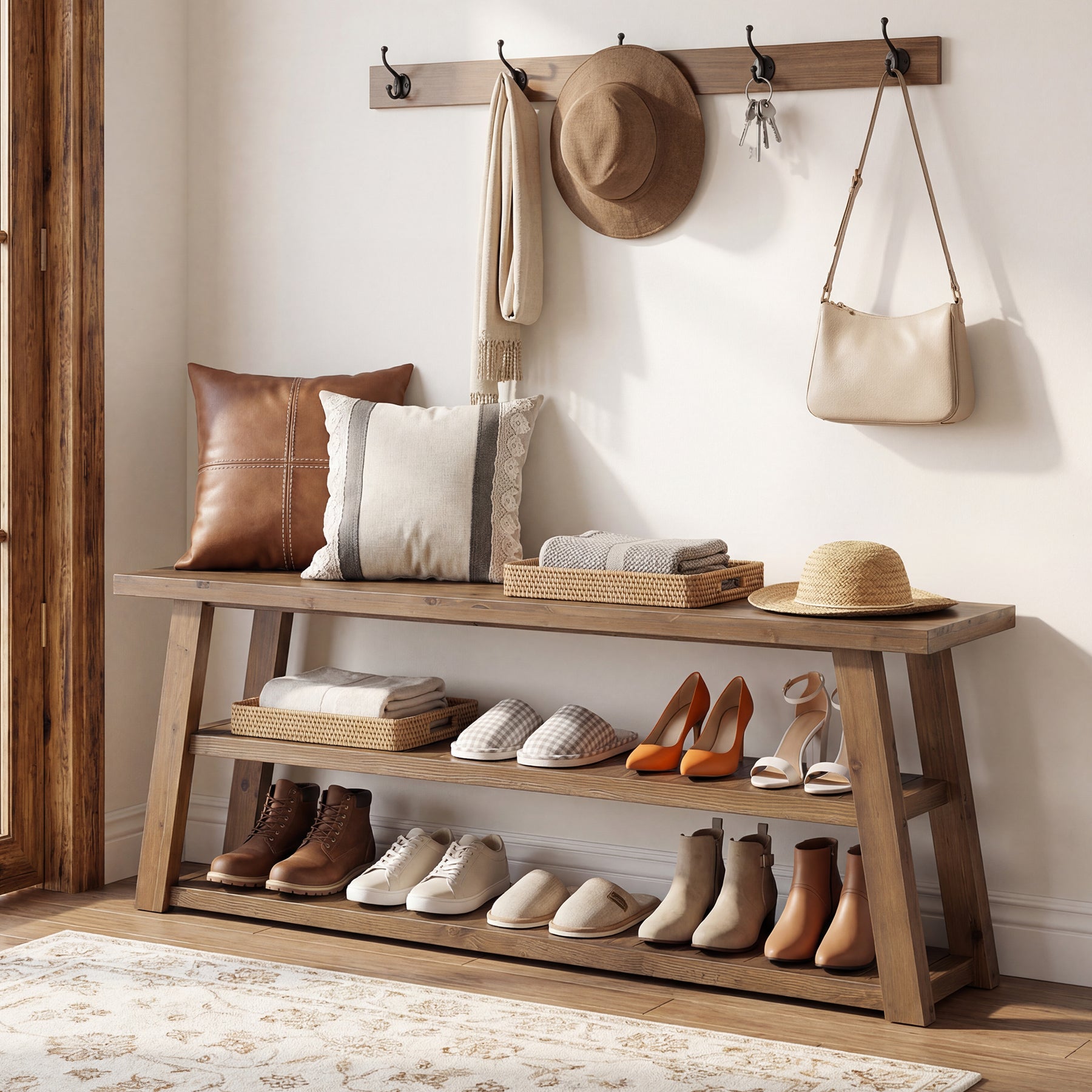 63" Solid Wood Entryway Bench with Storage, 3-Tier Shoe Bench with Open Shelves