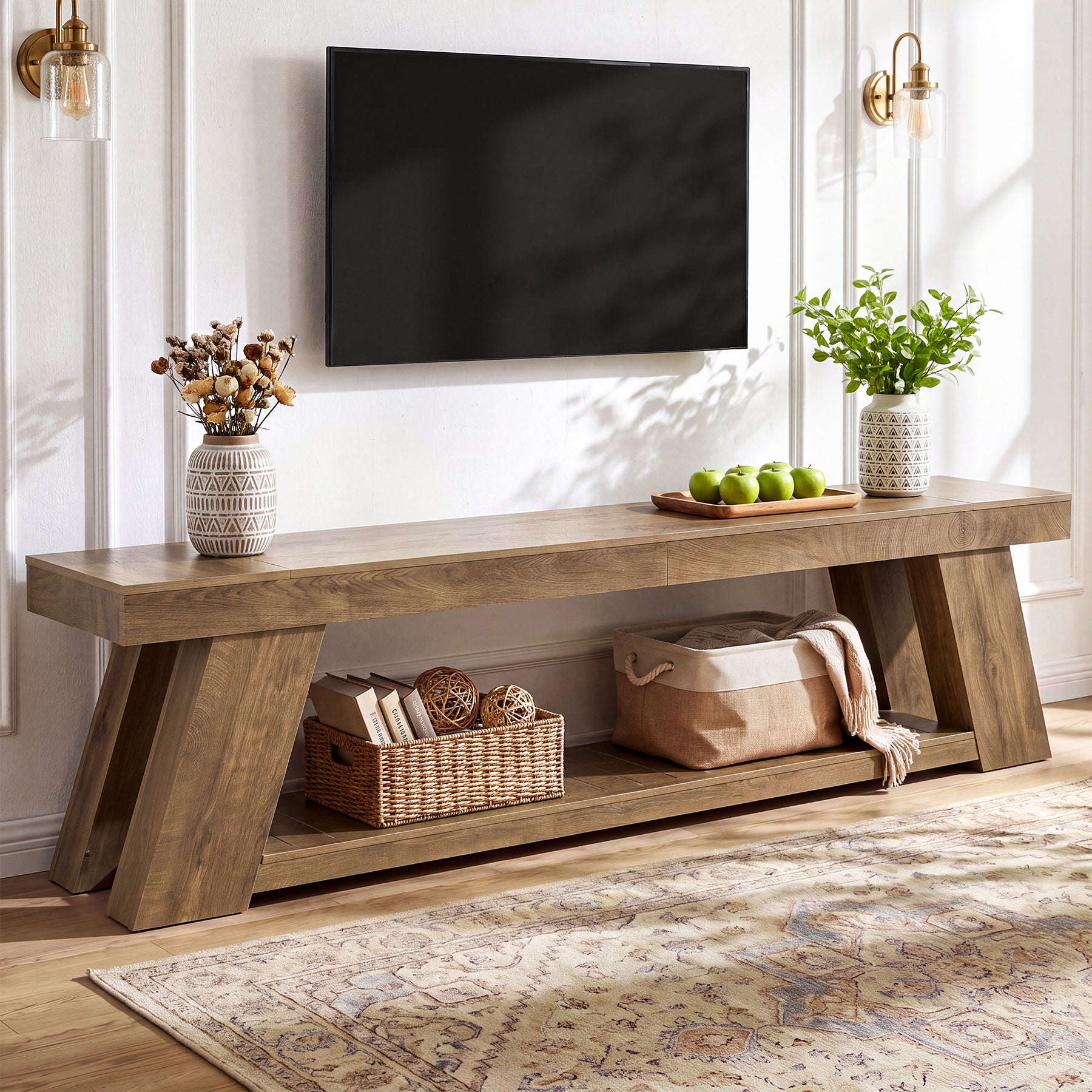 87" TV Stand for 85" TV, Farmhouse Entertainment Center, 2-Tier Storage, Extra Long Console