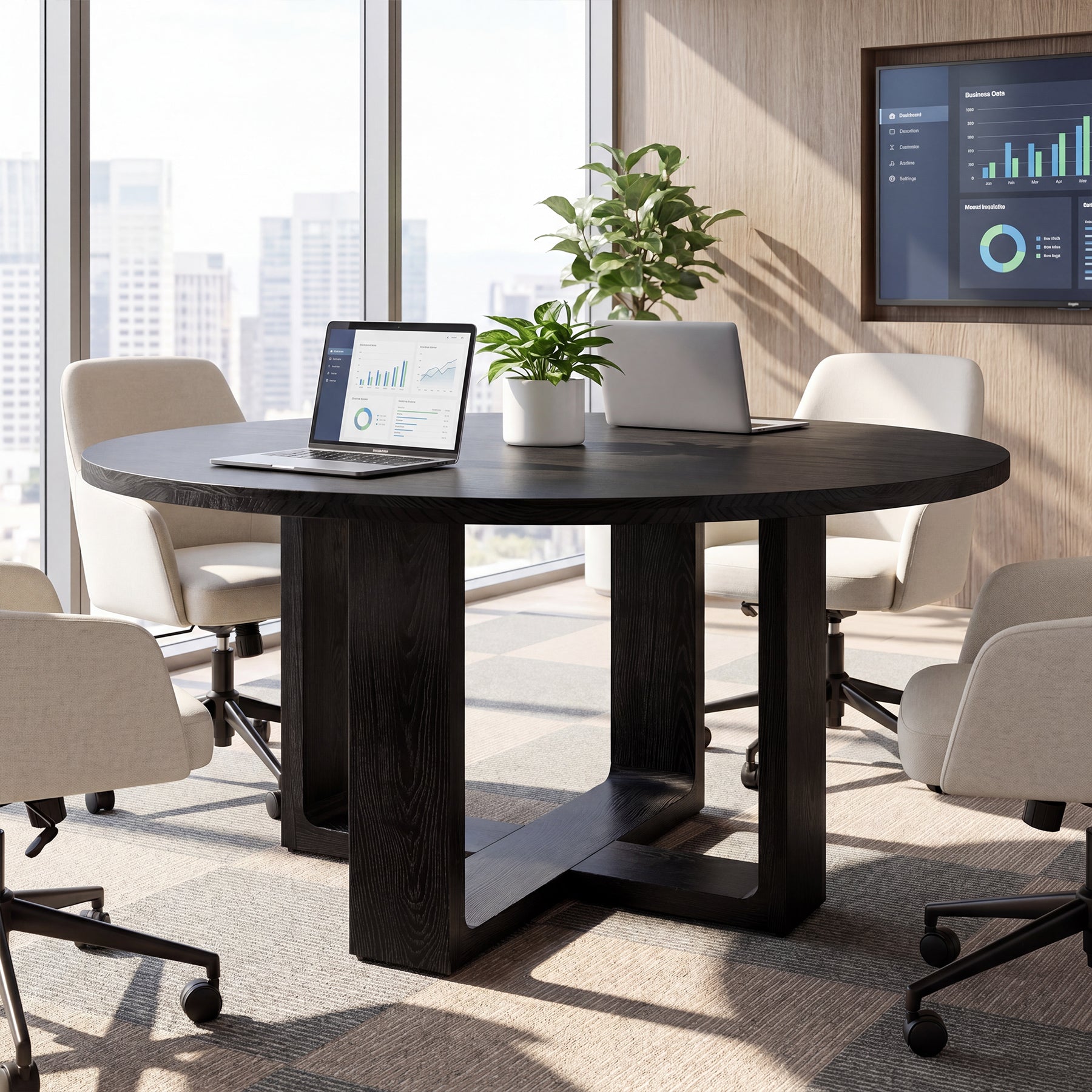 47.24" Black Solid Wood Conference Table, Round Meeting Table for 4–6 People with Cross-Shaped Base