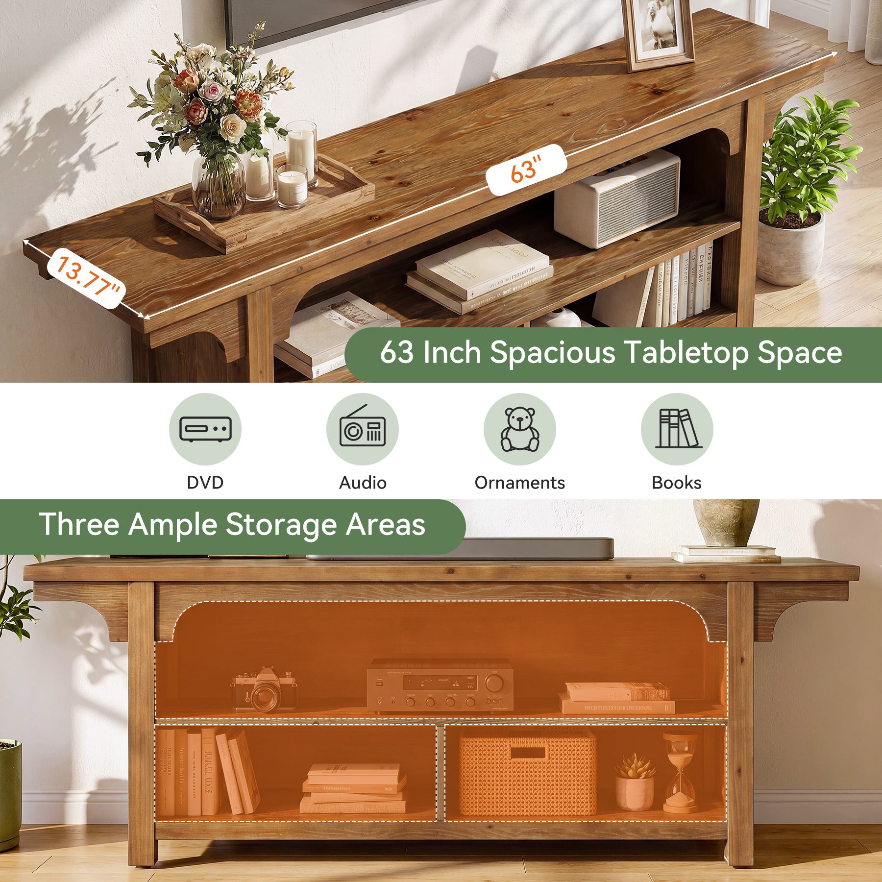 63" Solid Wood TV Stand for 55/65/70"TVs, Farmhouse Entertainment Center with 3 Storage