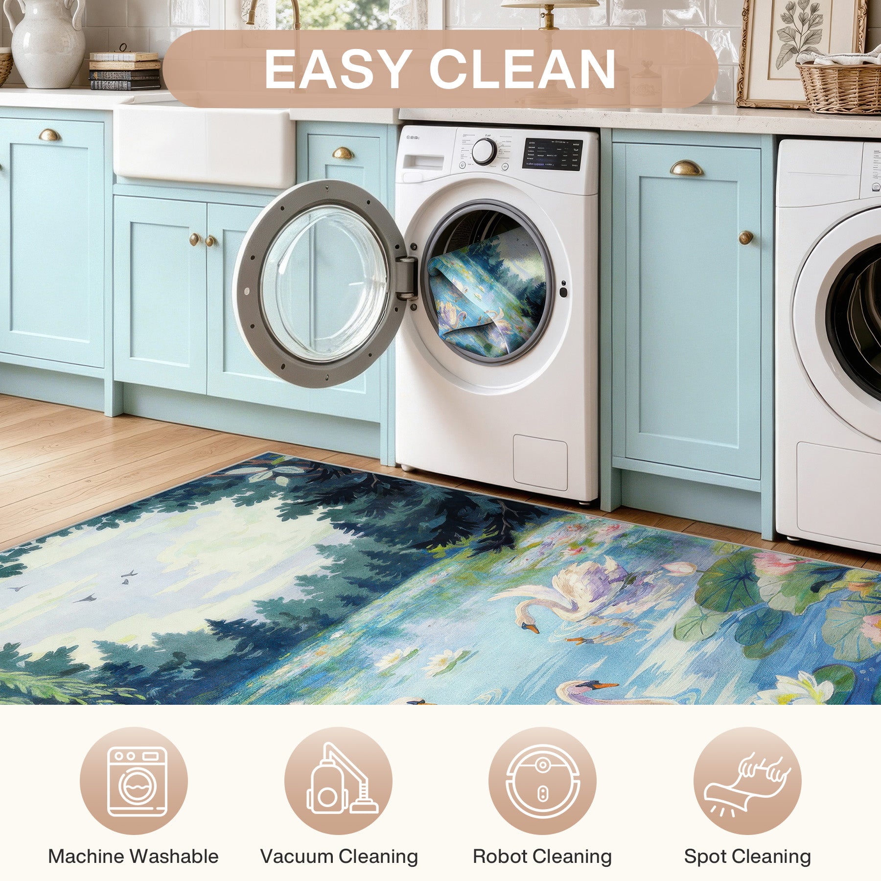 3x5/5x7 Swan Lake in oil painting style Area Rugs, Washable Living Room Runner Soft Non Slip Carpet, Oeko-Tex Certified